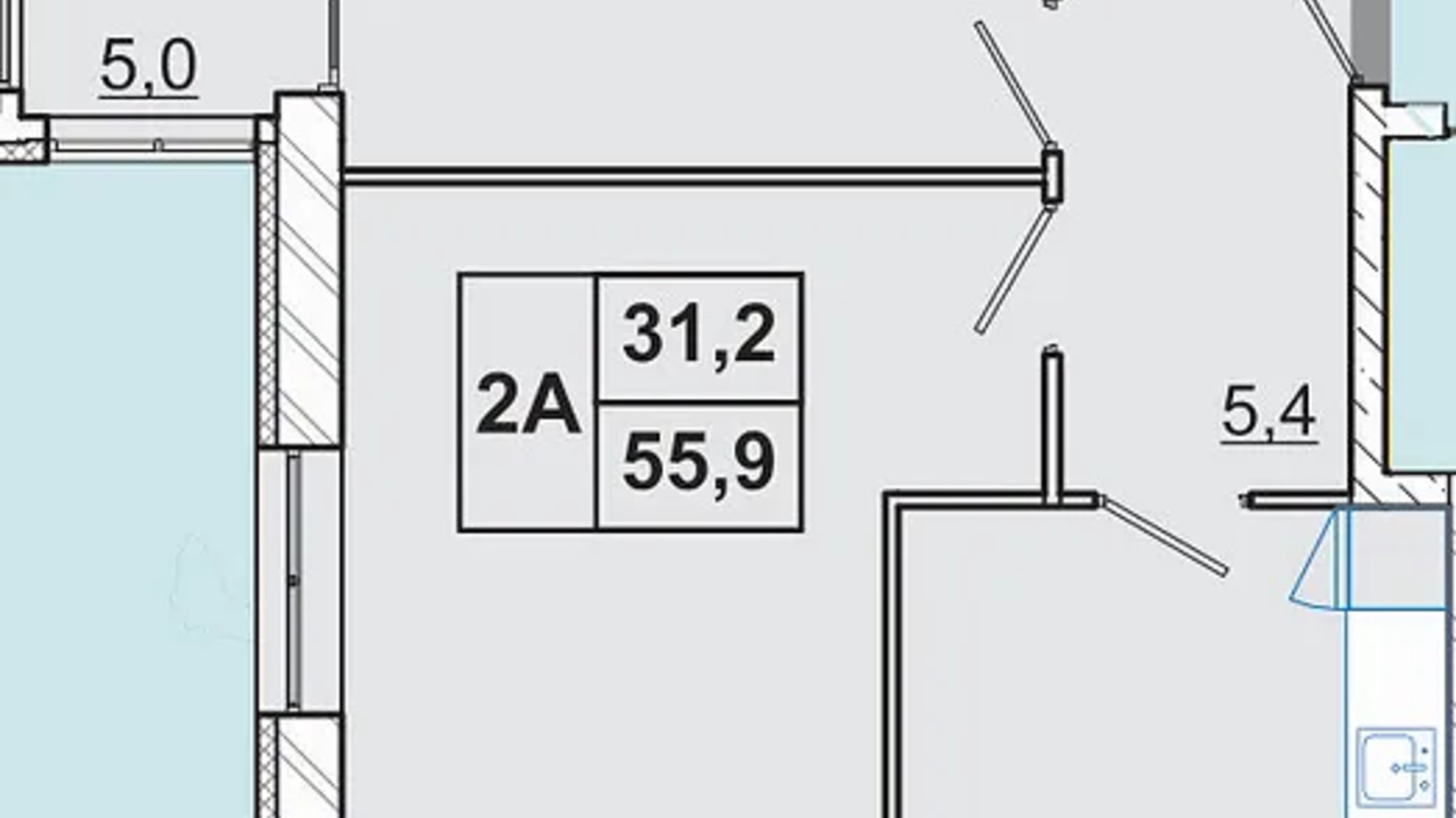 Планування 2-кімнатної квартири в ЖК Рів’єра 55.9 м², фото 779788