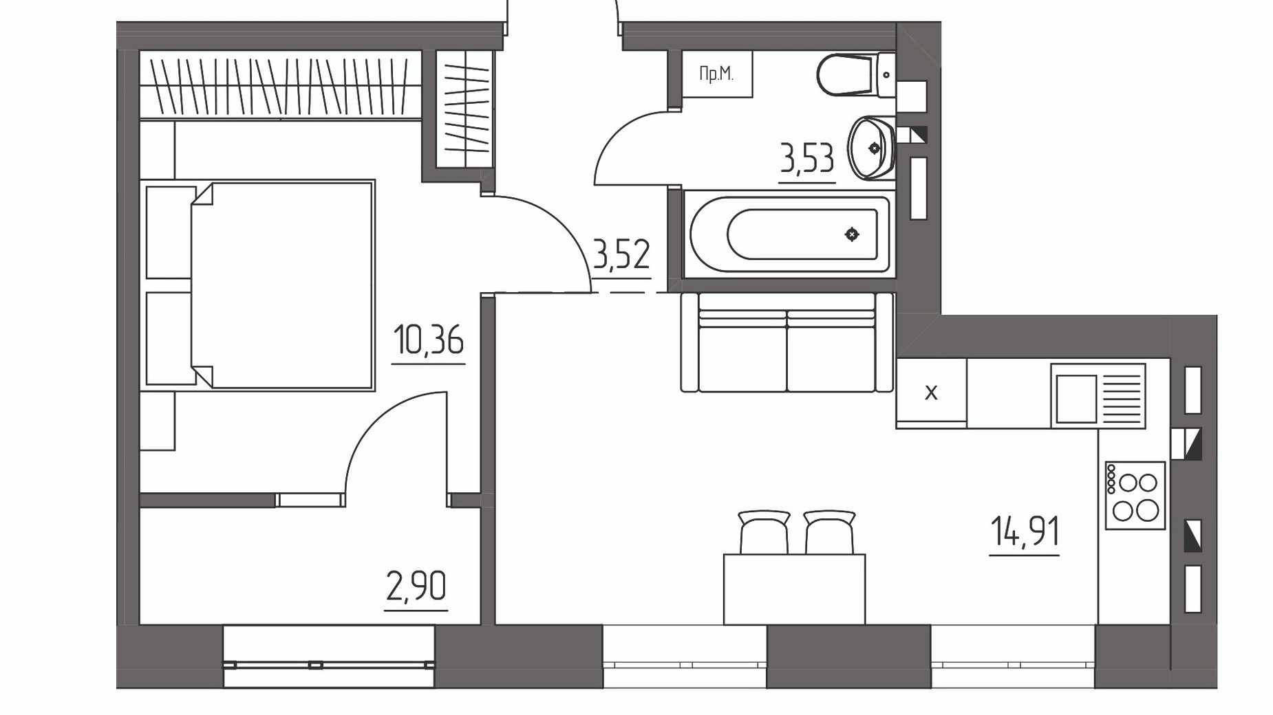 Планировка 1-комнатной квартиры в ЖК Синергия Light 35.22 м², фото 779840