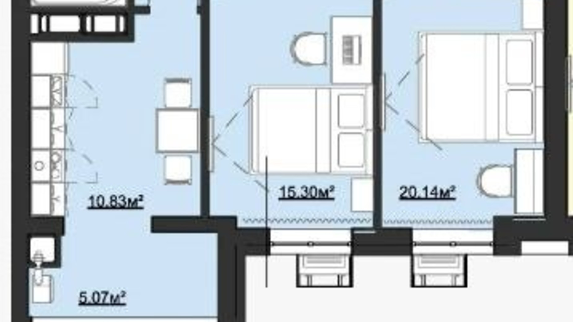 Планування 2-кімнатної квартири в ЖБК Житомир-Молодіжний 1 65.53 м², фото 779890