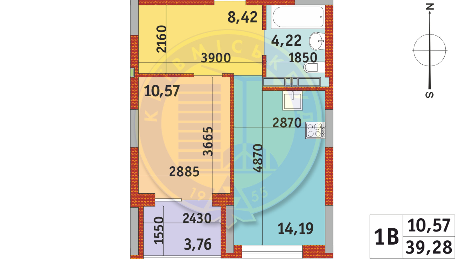 Планировка 1-комнатной квартиры в ЖК Итальянский квартал-2 39.28 м², фото 780086