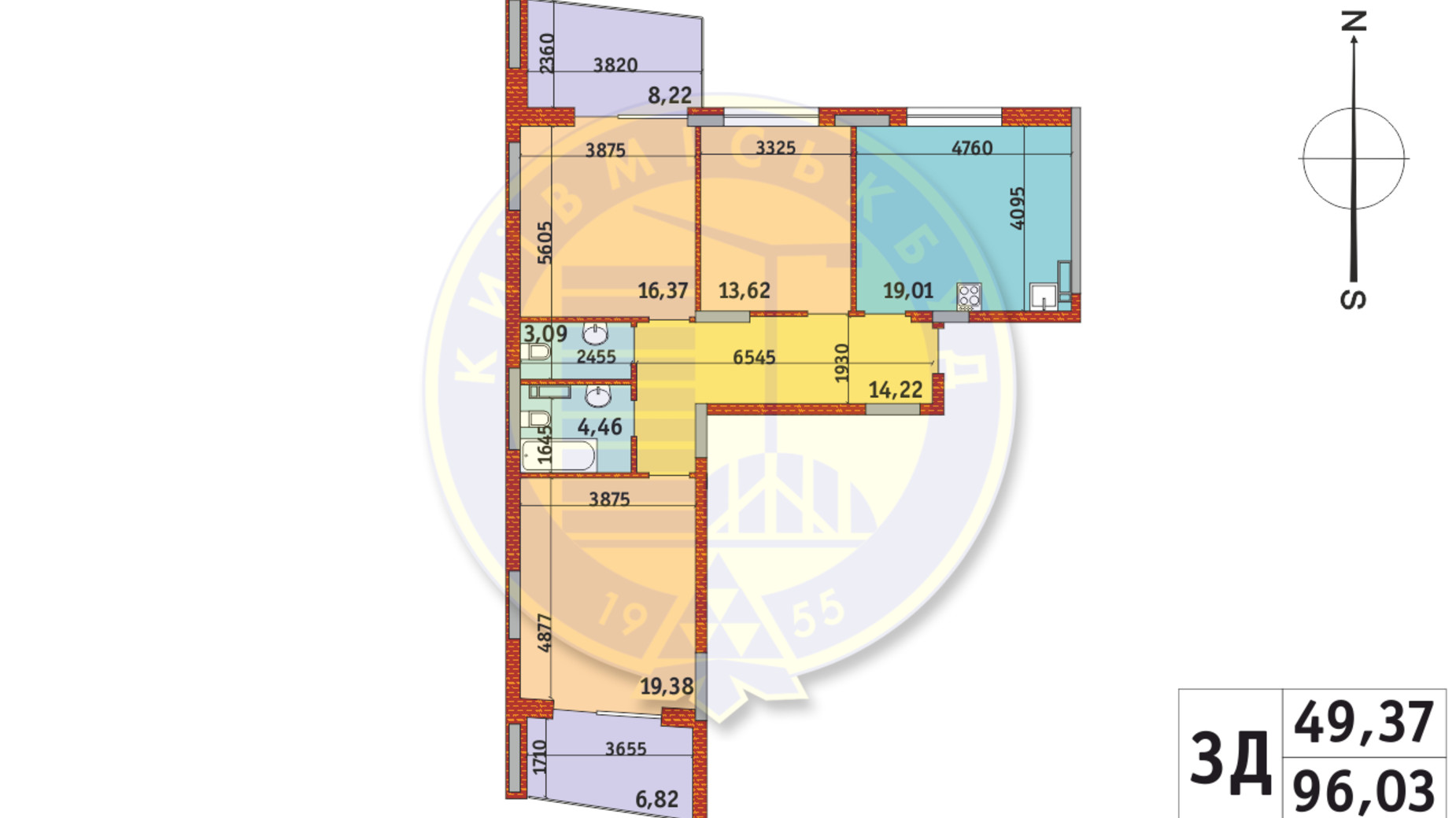 Планировка 3-комнатной квартиры в ЖК Итальянский квартал-2 96.03 м², фото 780087