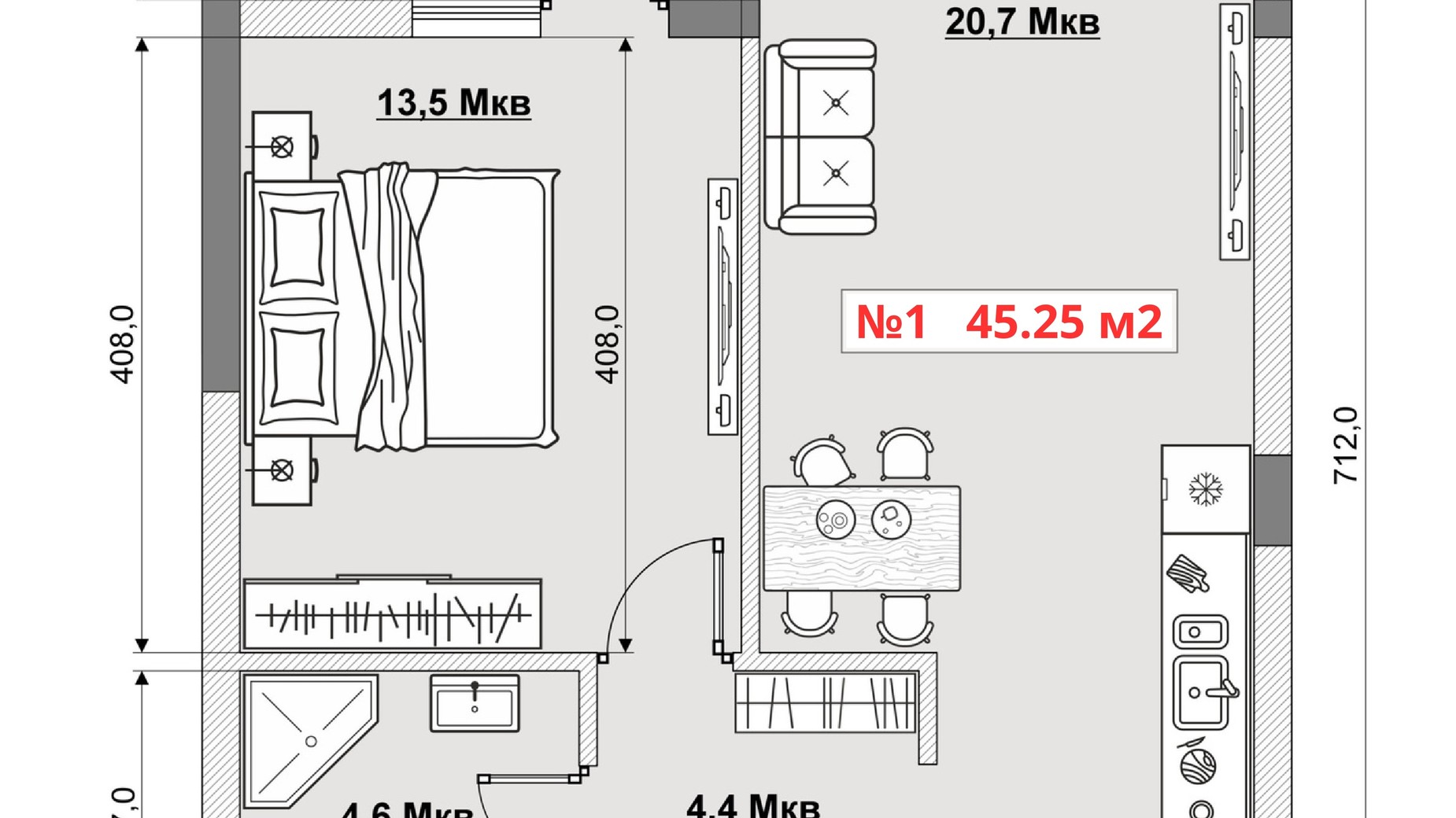 Планировка 1-комнатной квартиры в ЖК Misto 45.25 м², фото 780537