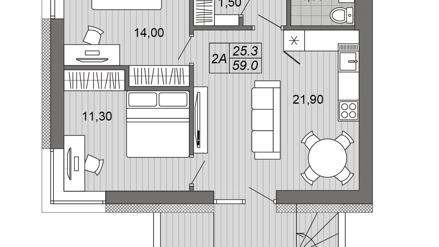 Планировка 2-комнатной квартиры в ЖК Семейная Крепость. Гордость 59 м², фото 782678