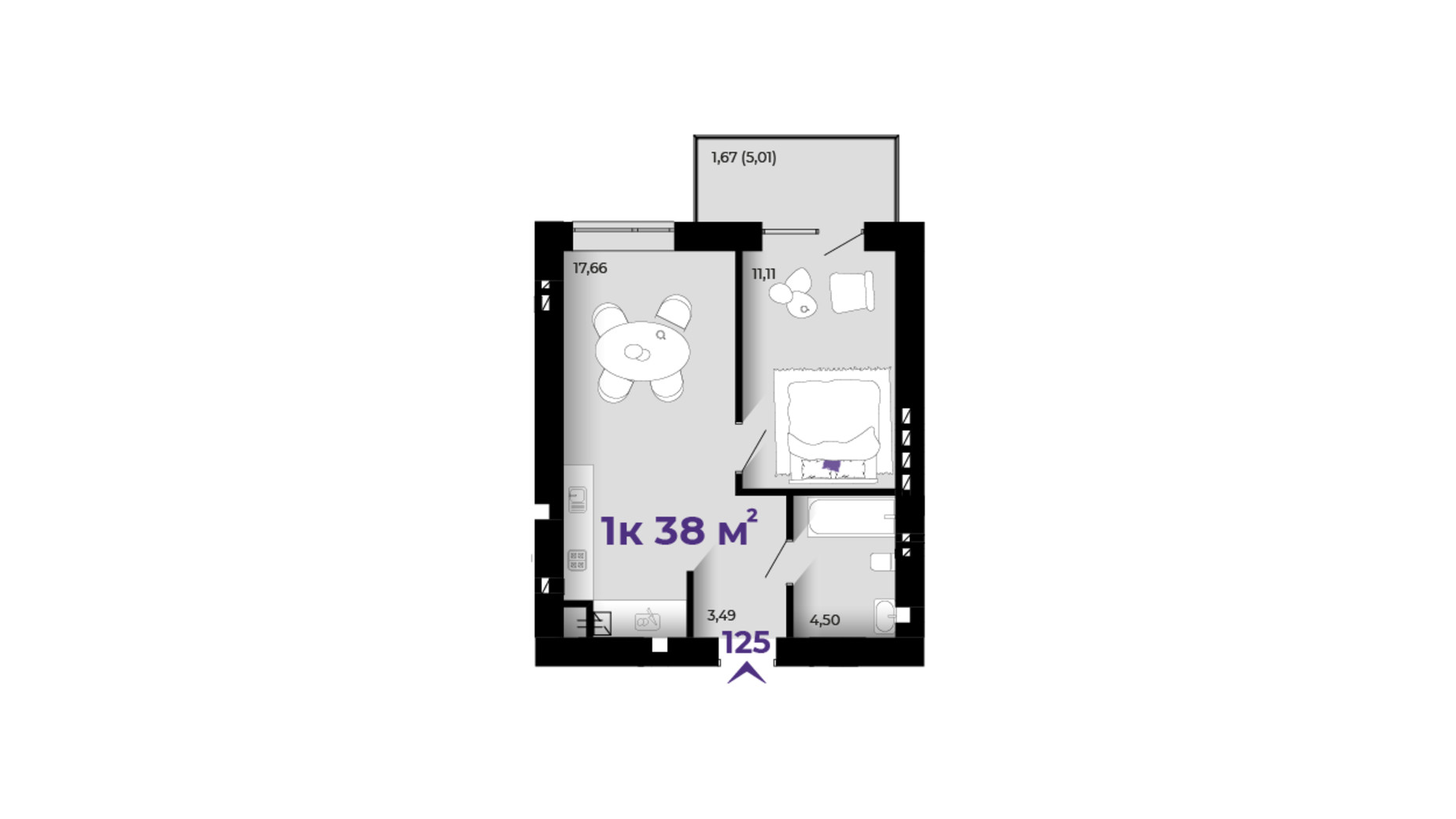 Планування 1-кімнатної квартири в ЖК Prostir 38 м², фото 783891