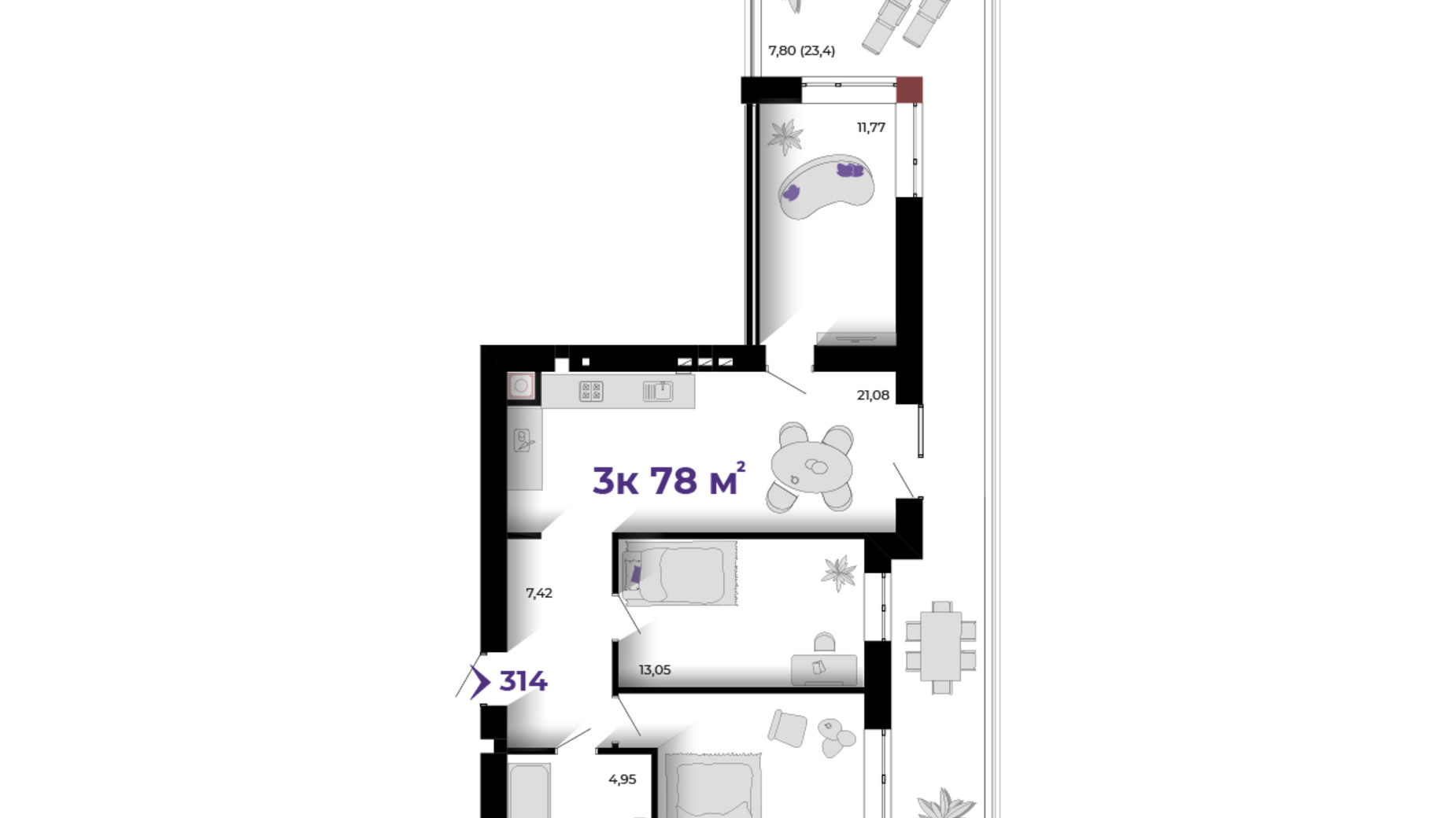 Планування 3-кімнатної квартири в ЖК Prostir 78 м², фото 783943