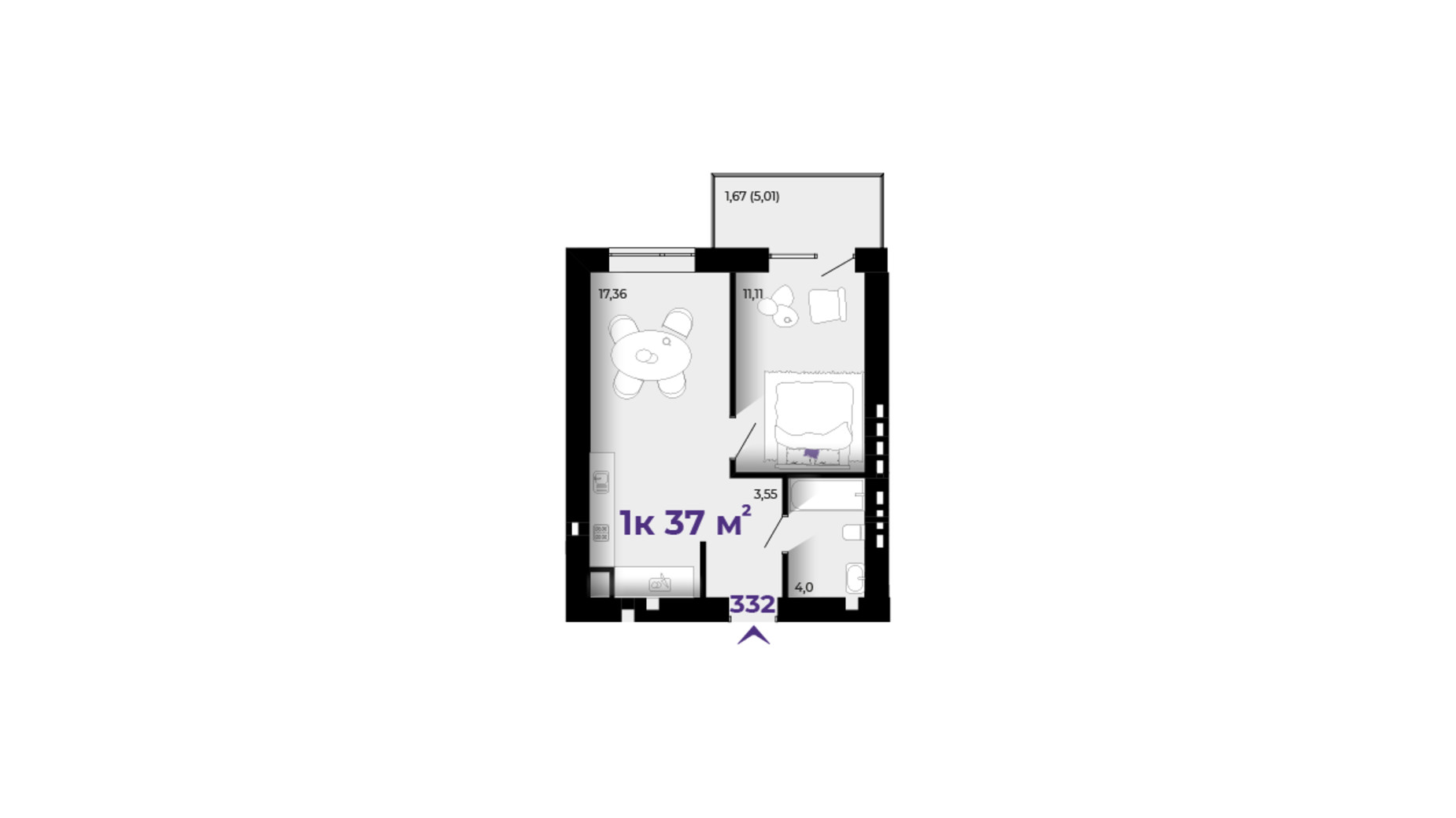 Планировка 1-комнатной квартиры в ЖК Prostir 37 м², фото 783950