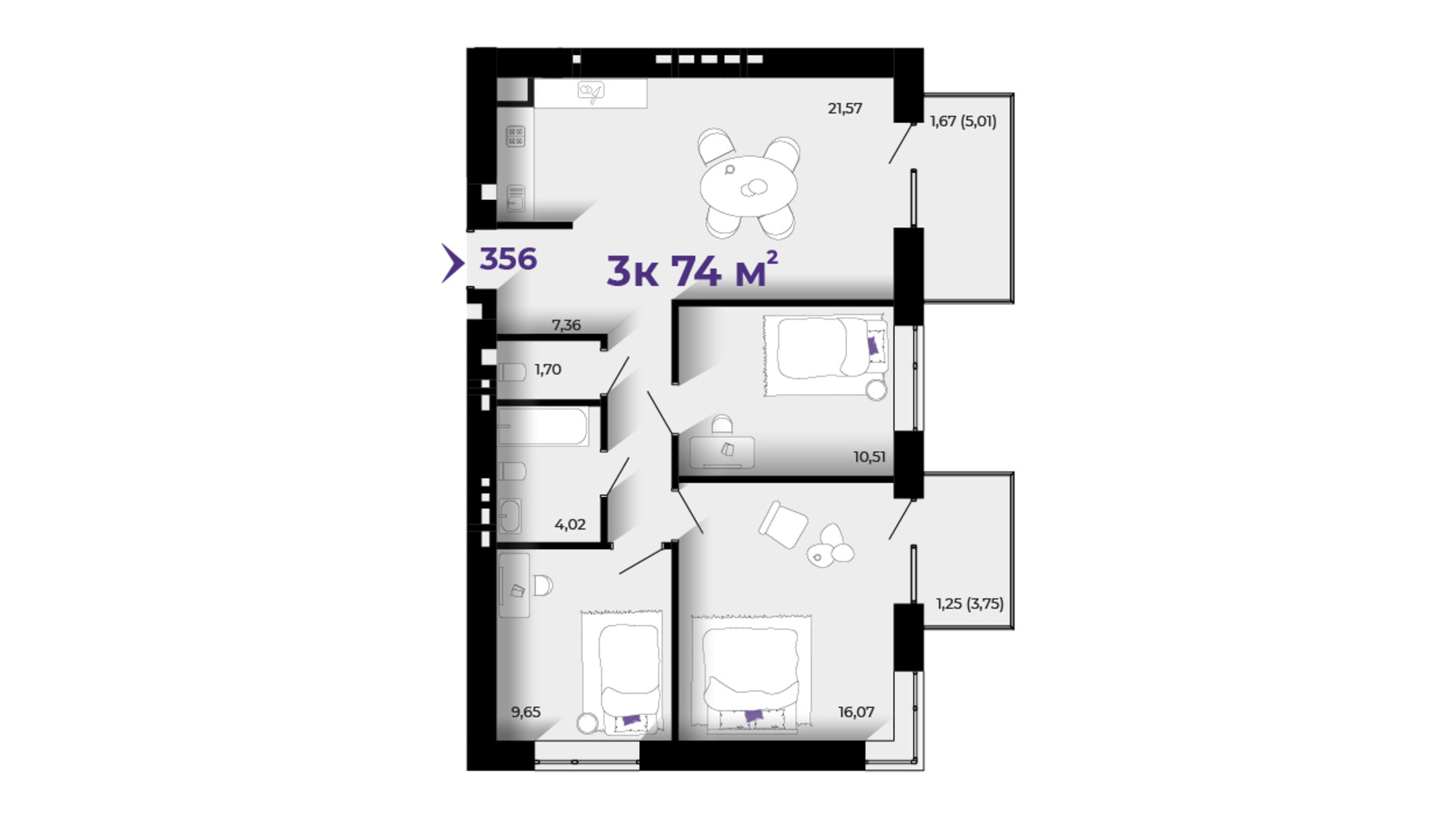 Планировка 3-комнатной квартиры в ЖК Prostir 74 м², фото 783957