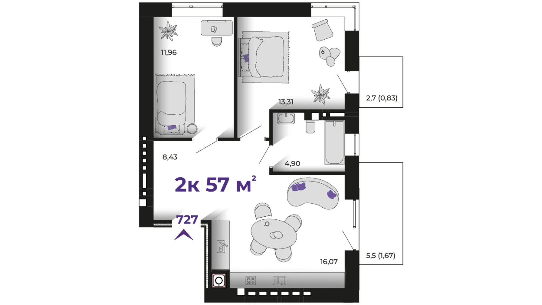 Планировка 2-комнатной квартиры в ЖК Prostir 57 м², фото 784003