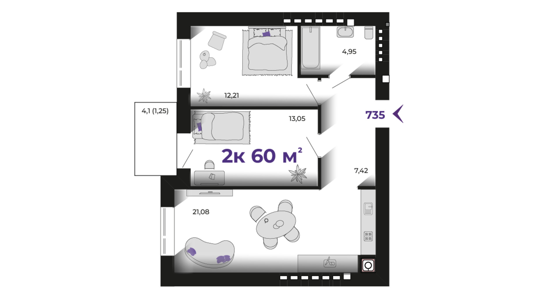 Планировка 2-комнатной квартиры в ЖК Prostir 60 м², фото 784018