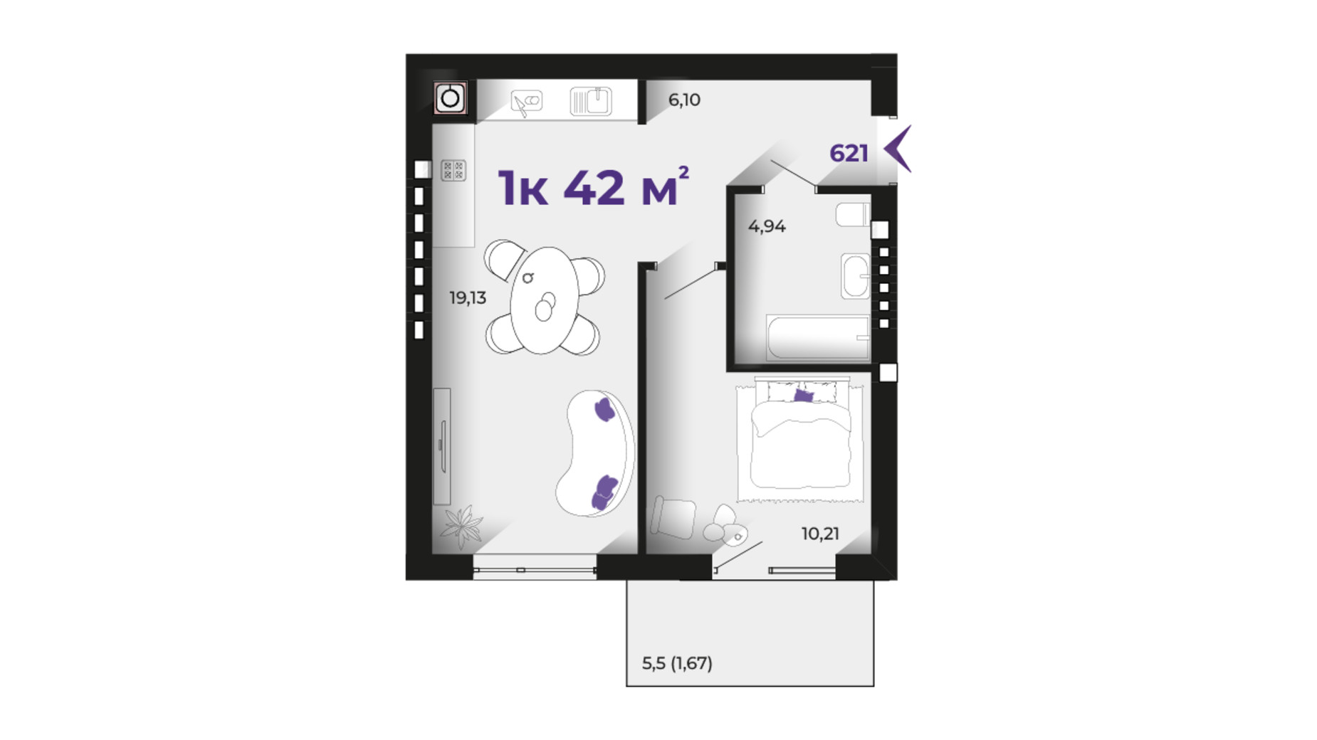 Планування 1-кімнатної квартири в ЖК Prostir 42 м², фото 784021