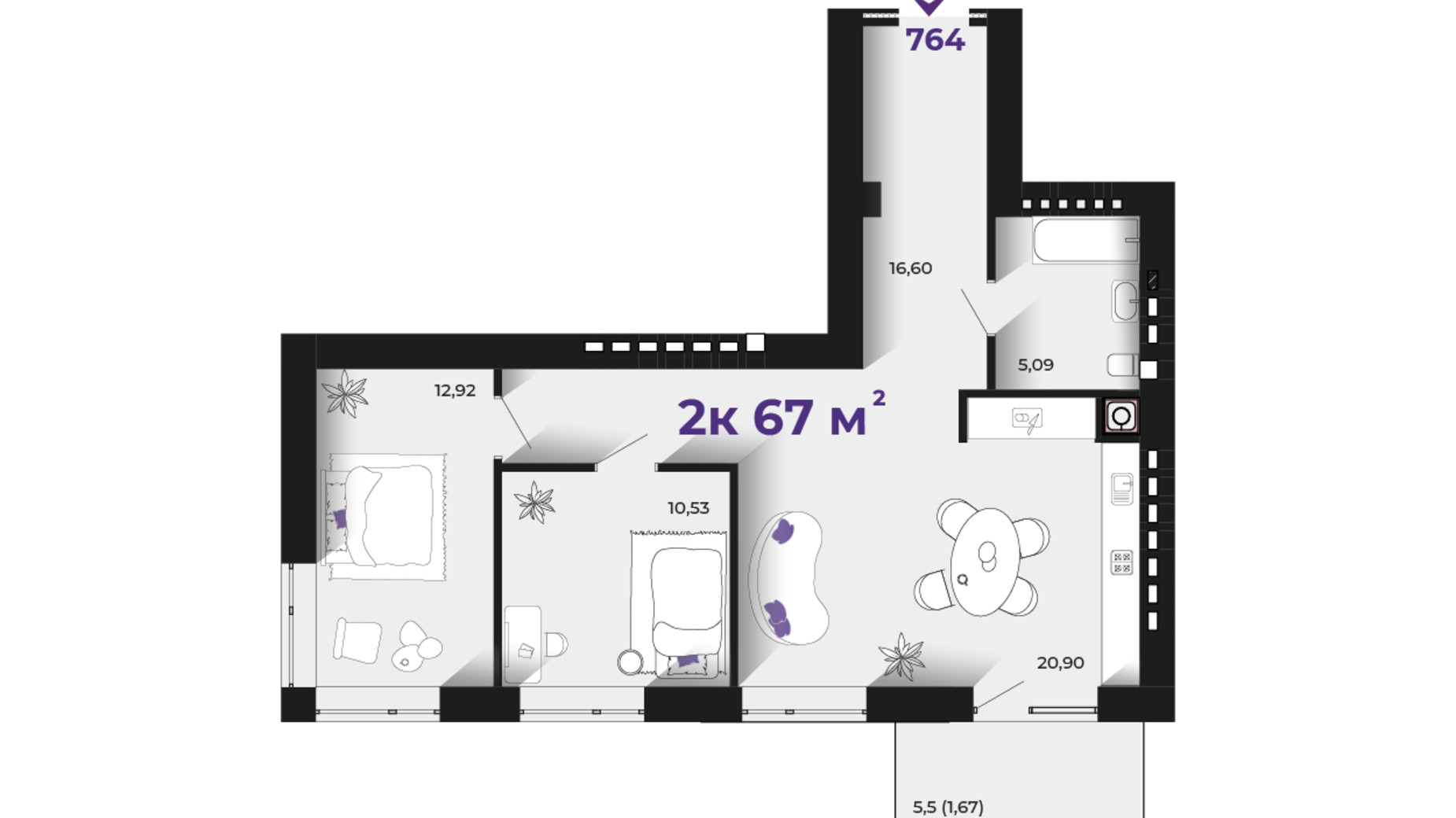 Планування 2-кімнатної квартири в ЖК Prostir 67 м², фото 784024