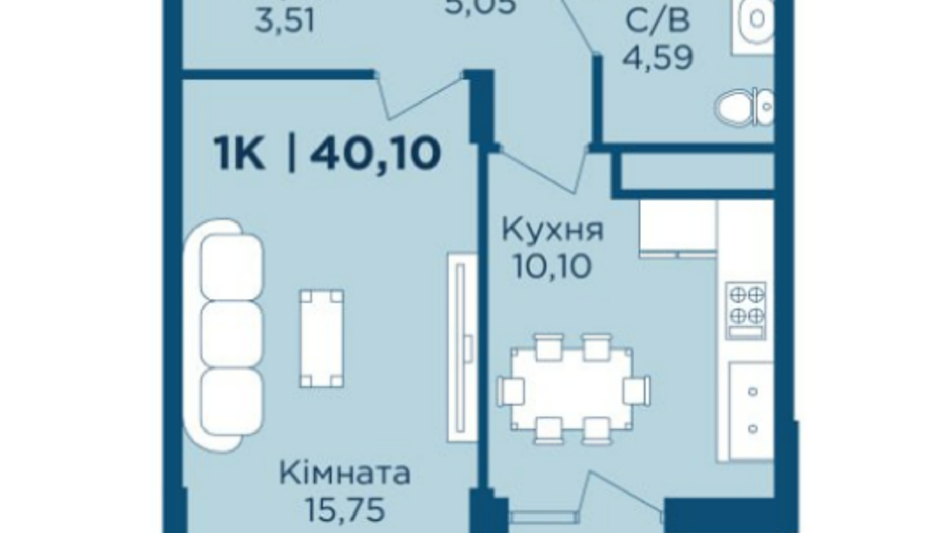 Планування 1-кімнатної квартири в ЖК URBN 40.1 м², фото 785819