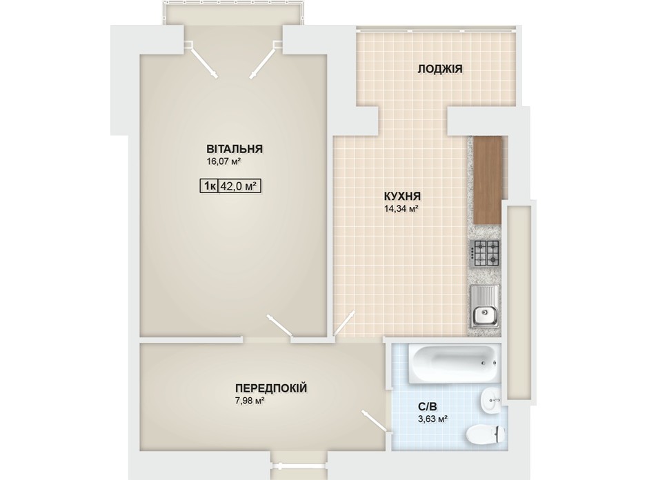 Планування 1-кімнатної квартири в ЖК Містечко Мануфактура 42 м², фото 78648 Планування 1-кімнатної квартири в ЖК Містечко Мануфактура 42 м², фото 78648
