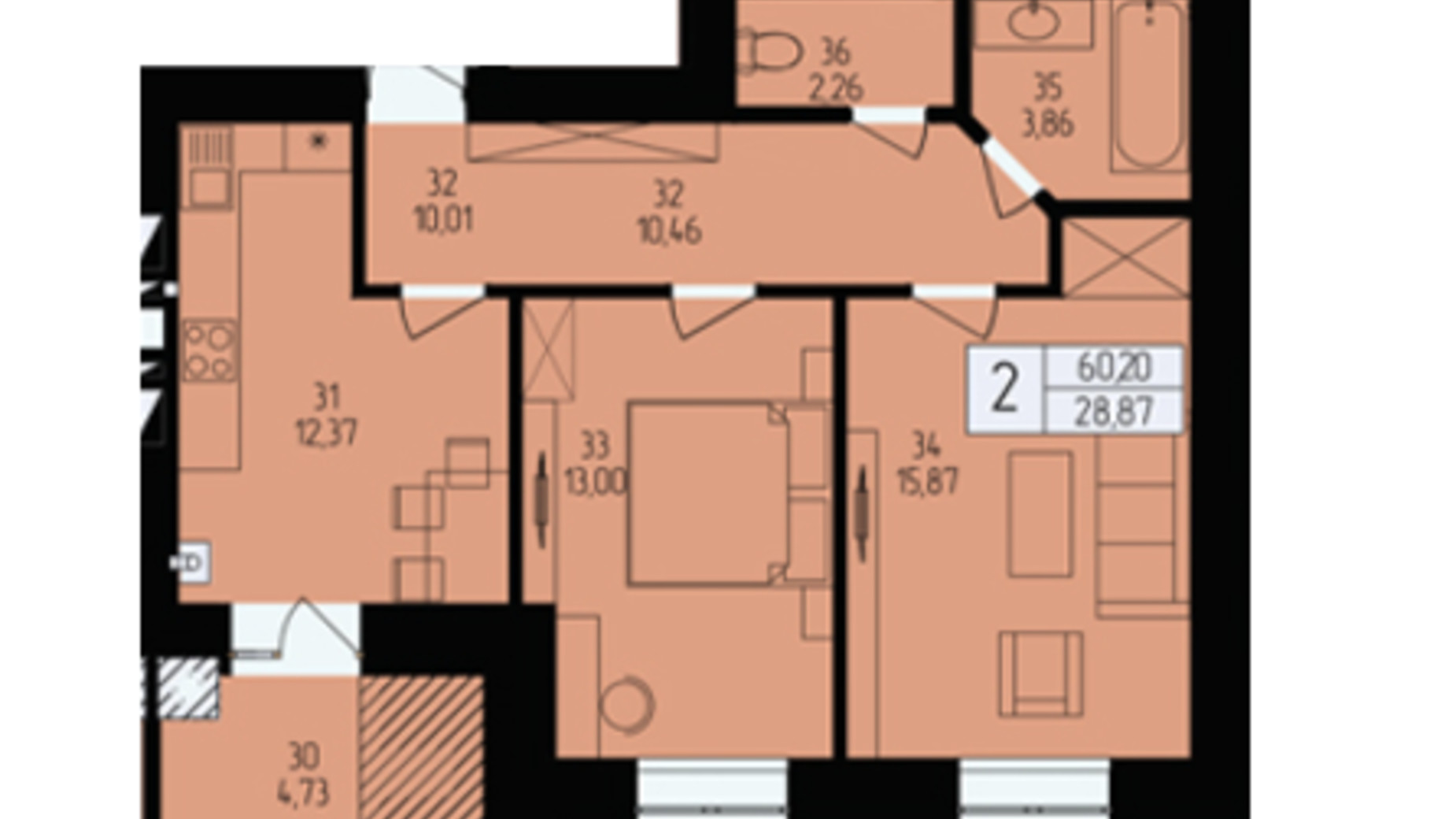 Планировка 2-комнатной квартиры в ЖК Европейский 60.2 м², фото 787451