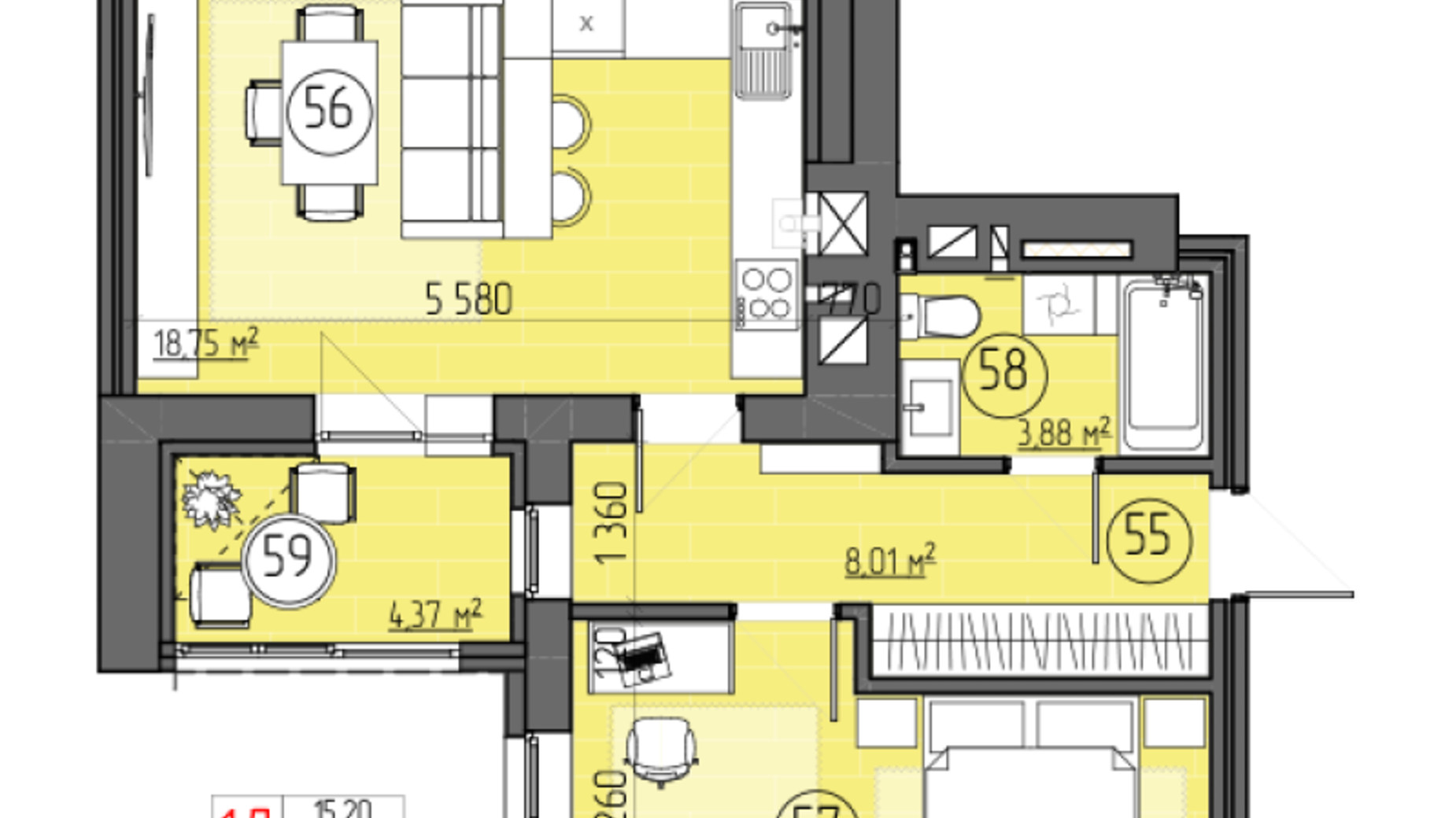 Планування 1-кімнатної квартири в ЖК Family City 50.21 м², фото 787908