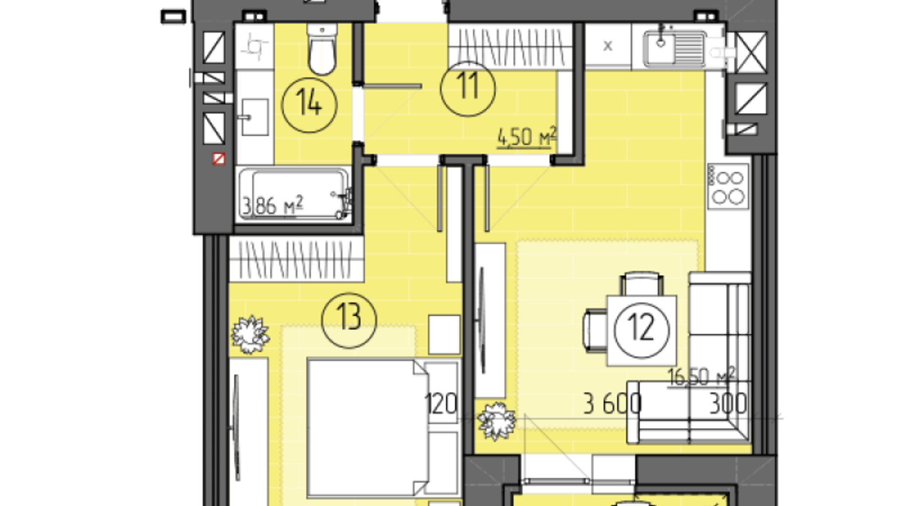 Планування 1-кімнатної квартири в ЖК Family City 44.38 м², фото 787909