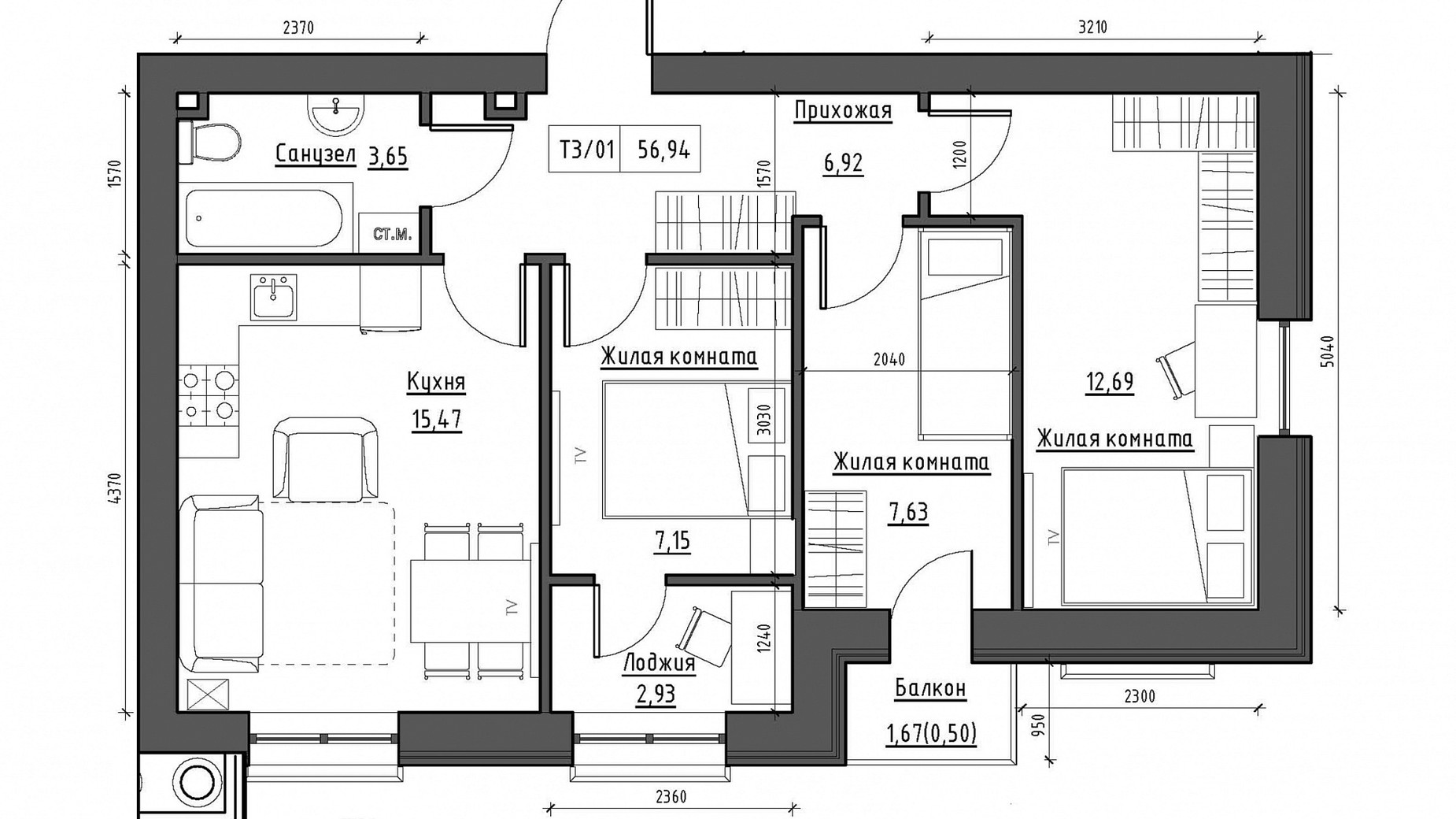 Планировка 3-комнатной квартиры в ЖК KEKS 58.11 м², фото 788000