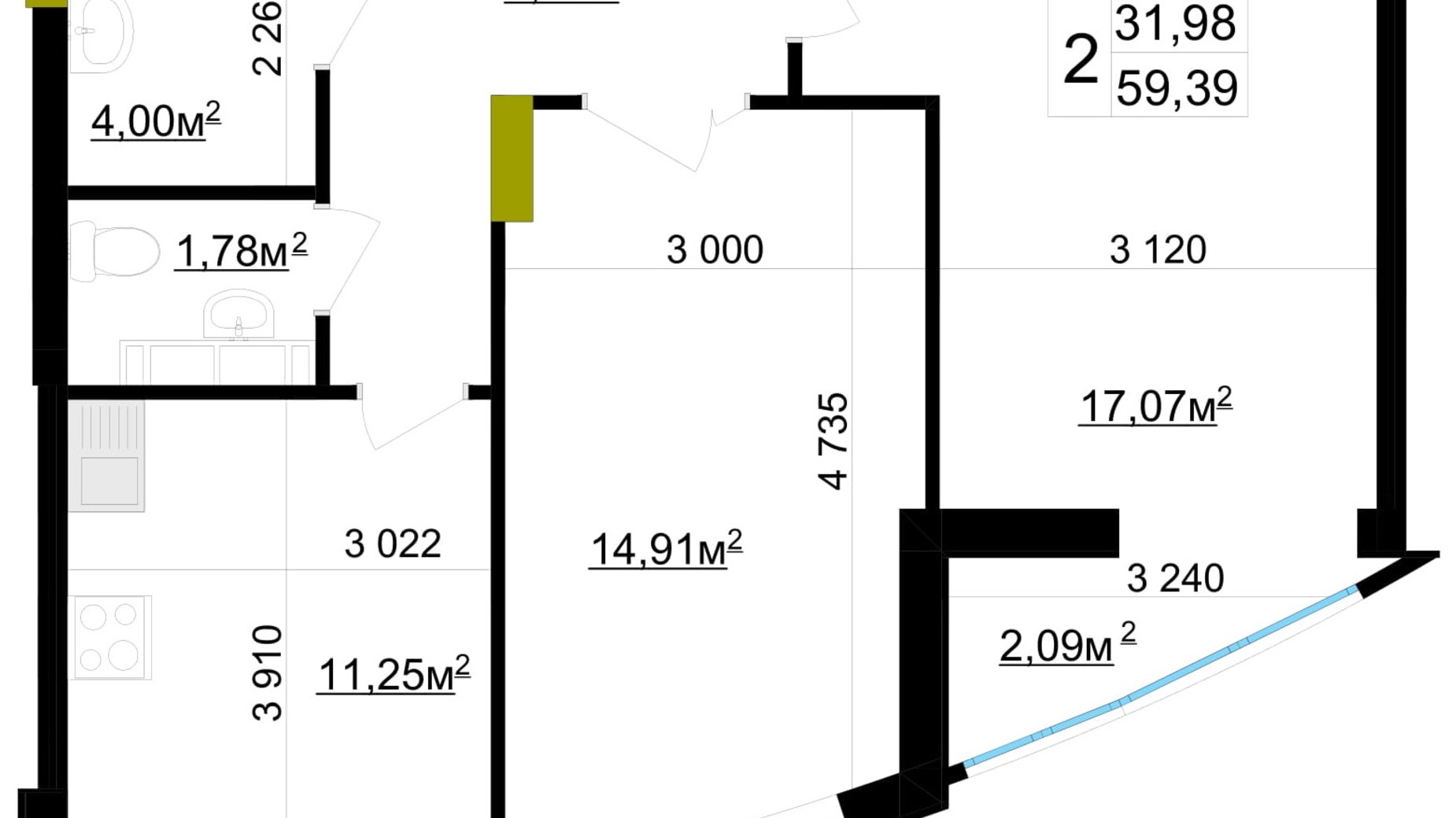 Планировка 2-комнатной квартиры в ЖК Вернисаж 59.39 м², фото 791166