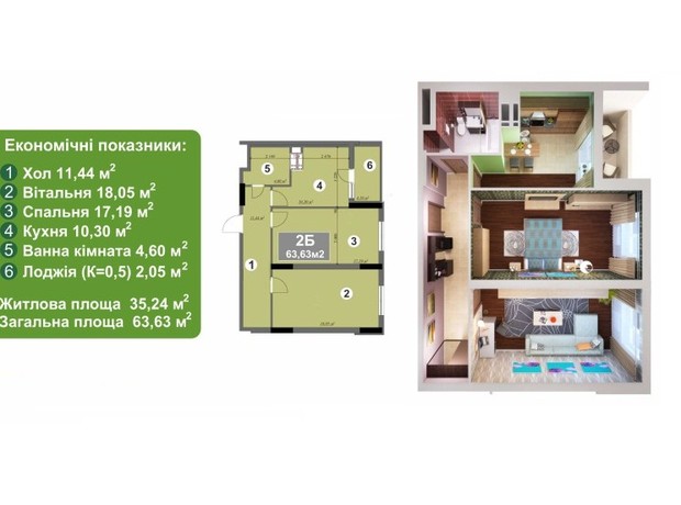 ЖК Шевченківський Квартал: планування 2-кімнатної квартири 63 м²