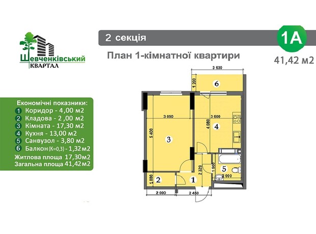 ЖК Шевченковский Квартал: планировка 1-комнатной квартиры 41 м²