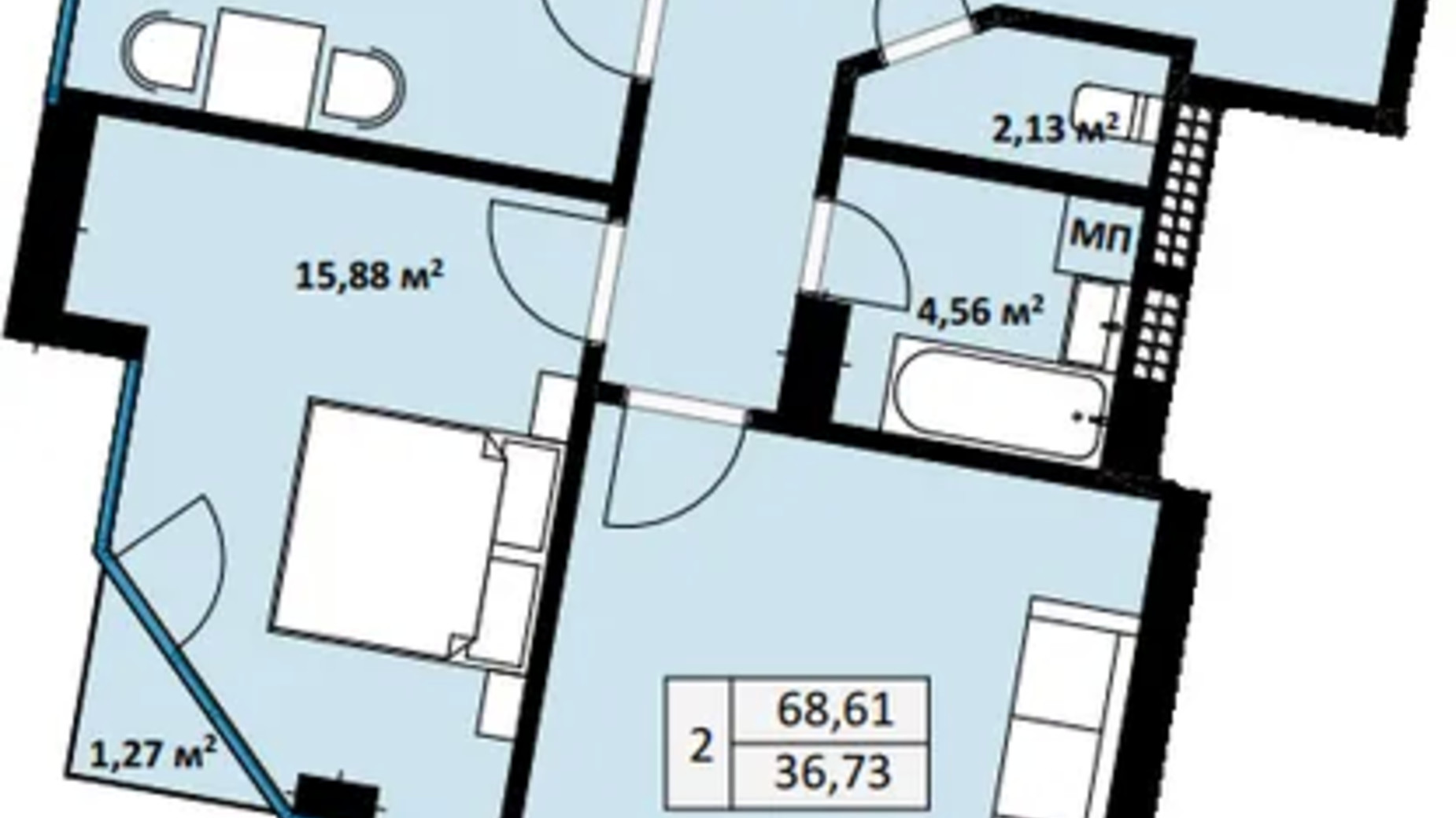 Планировка 2-комнатной квартиры в ЖК Uzh Towers 68.61 м², фото 791933