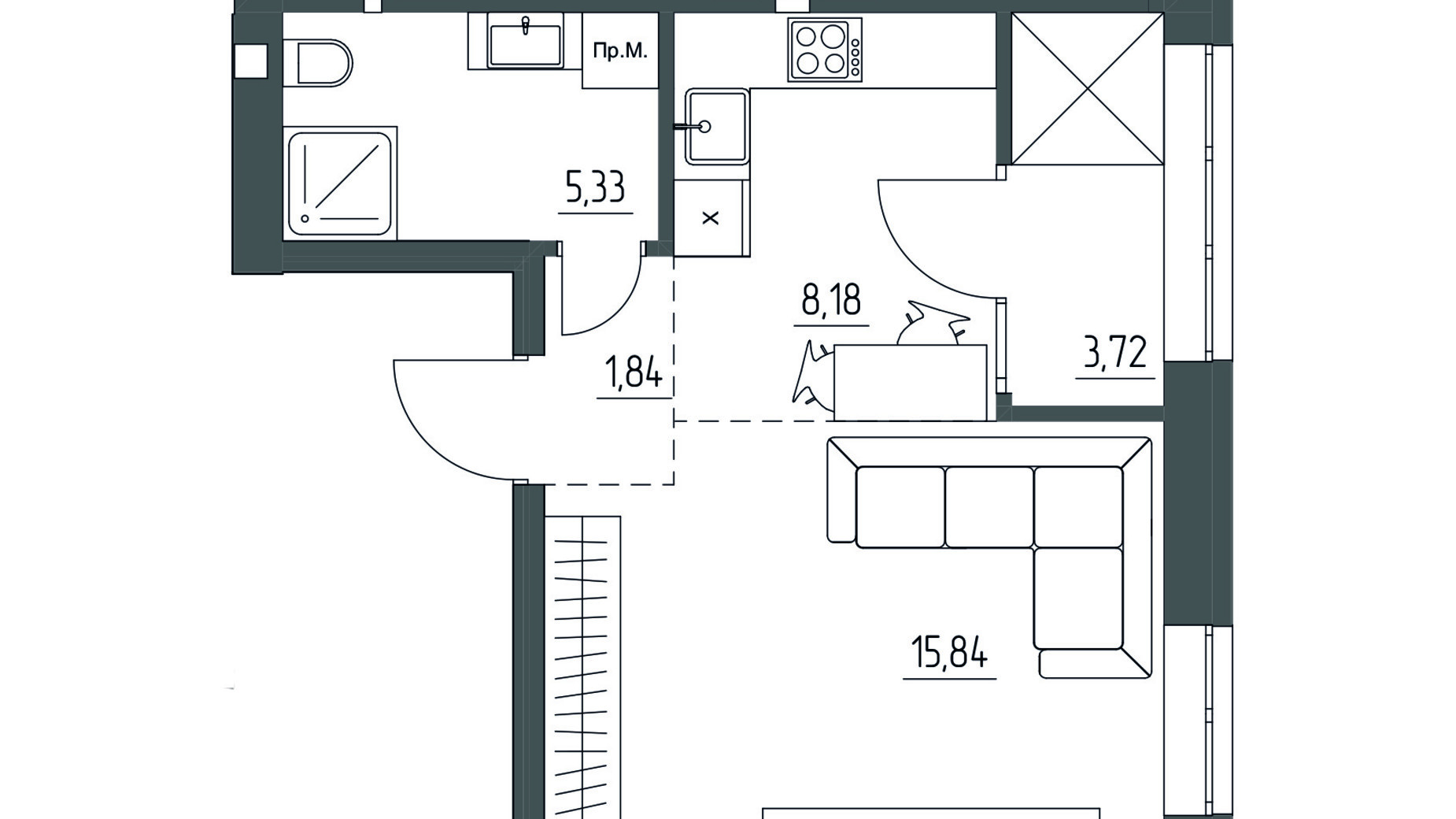 Планировка 1-комнатной квартиры в ЖК ZigZag 34.91 м², фото 792340