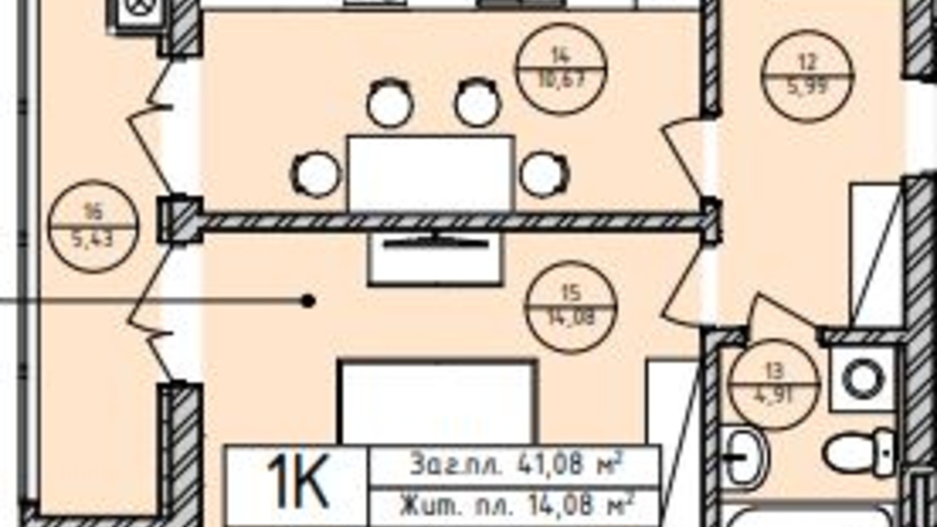 Планировка 1-комнатной квартиры в ЖК Лісова Оселя 41.08 м², фото 792698