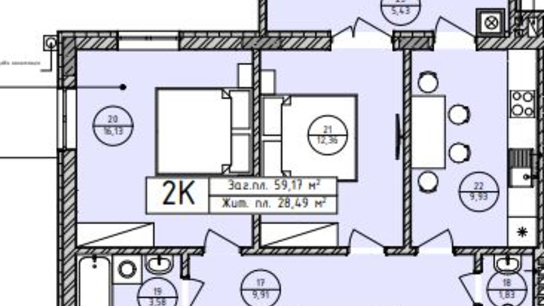 Планировка 2-комнатной квартиры в ЖК Лісова Оселя 59.17 м², фото 792700