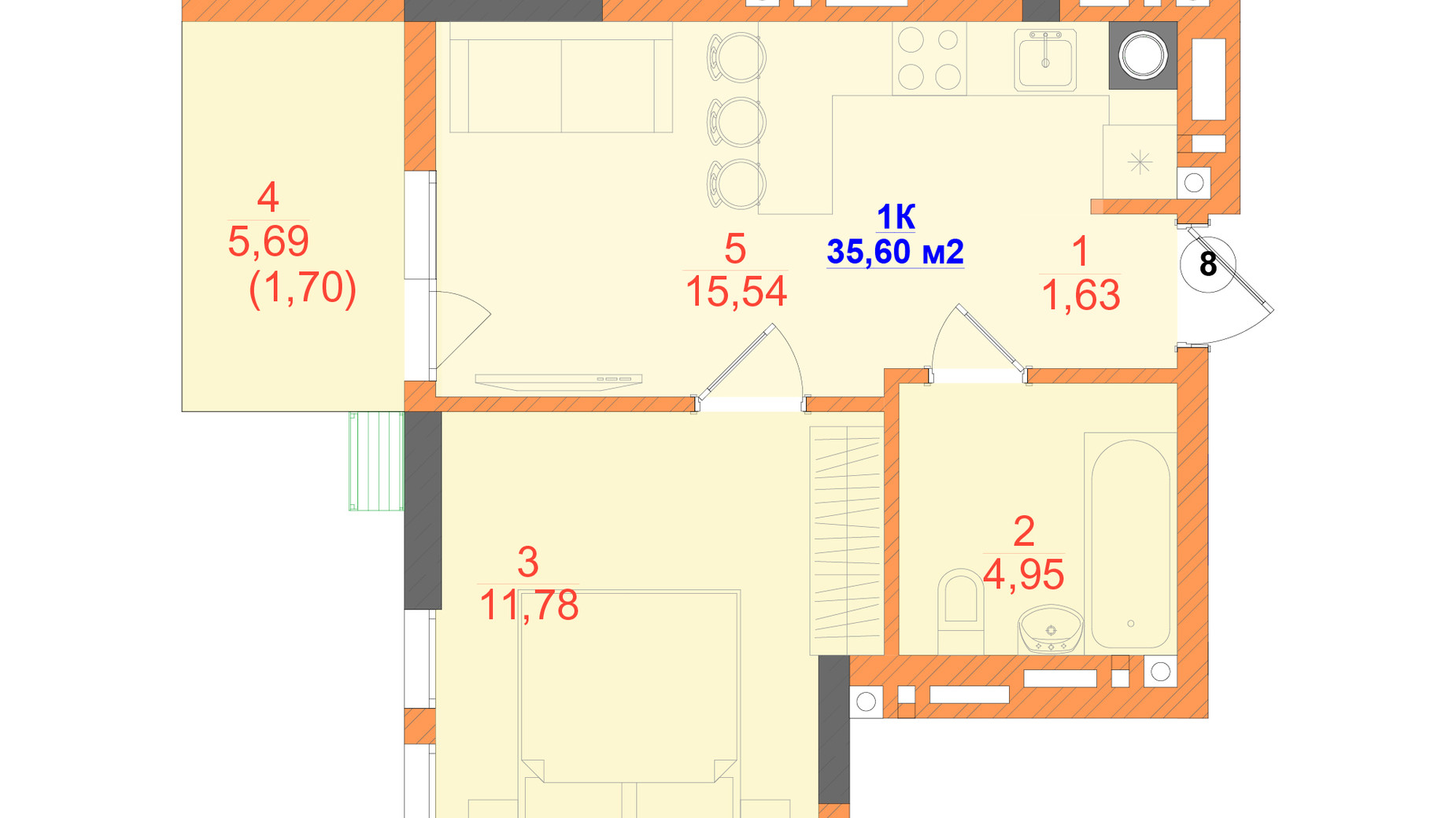 Планировка 1-комнатной квартиры в ЖК SKYLINE 35.6 м², фото 793594