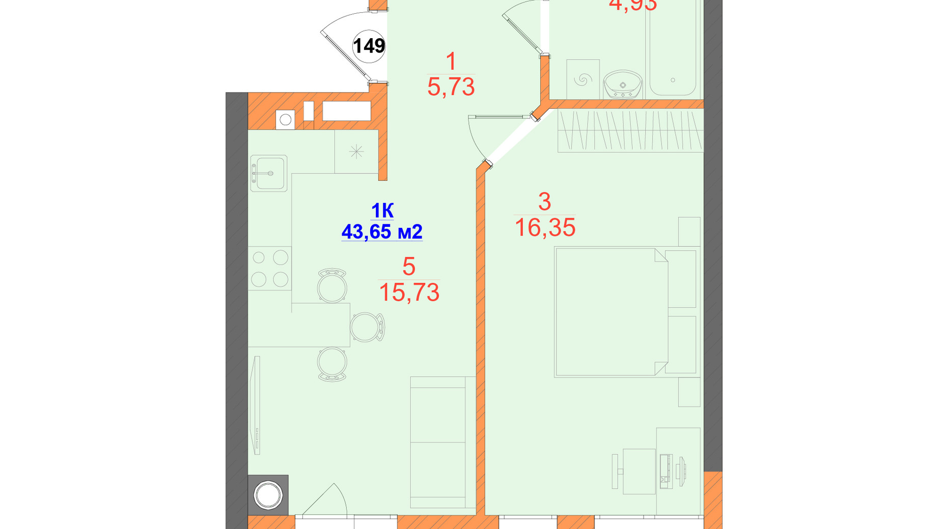 Планировка 1-комнатной квартиры в ЖК SKYLINE 43.65 м², фото 793602