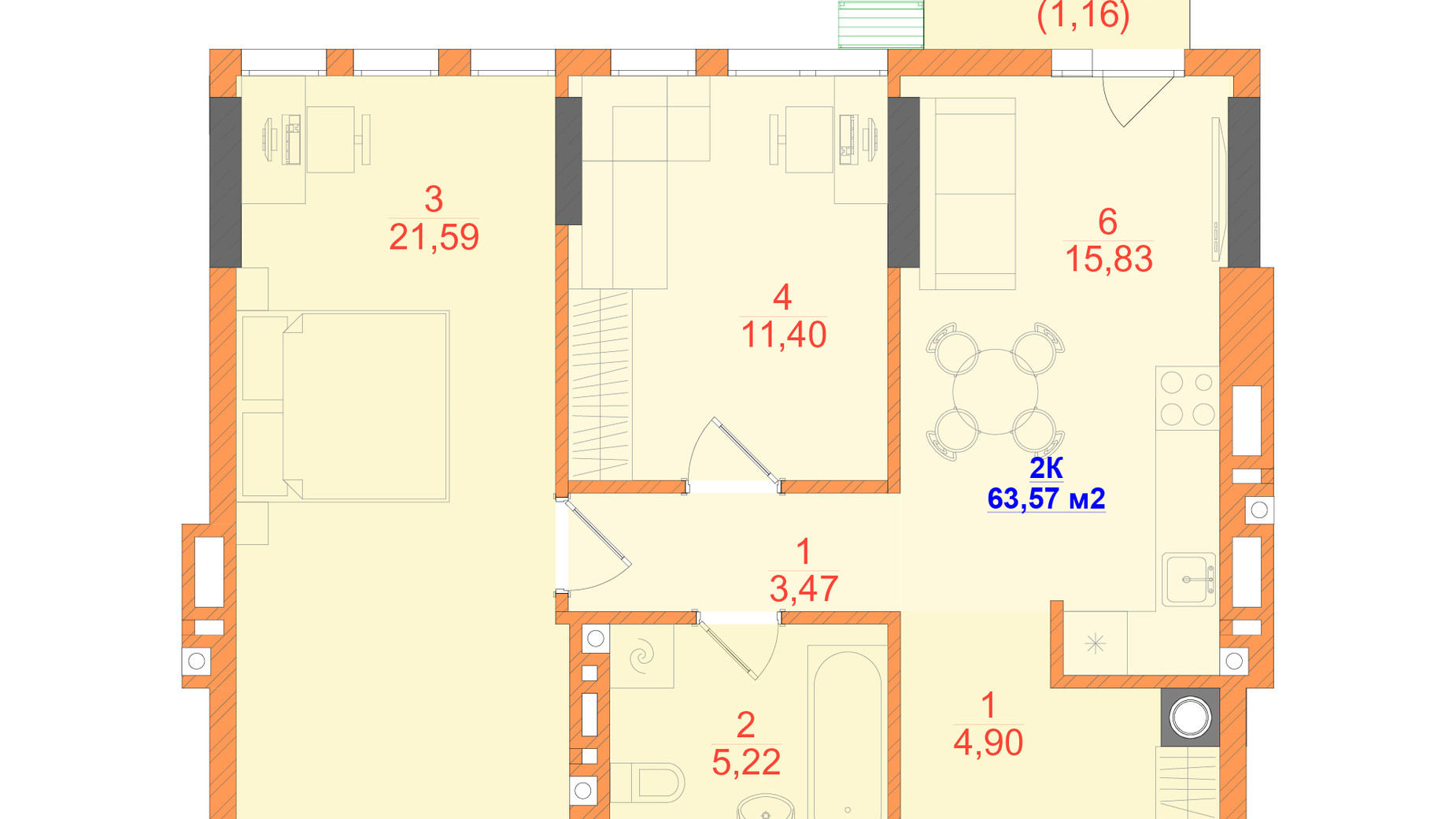 Планування 2-кімнатної квартири в ЖК SKYLINE 63.57 м², фото 793616