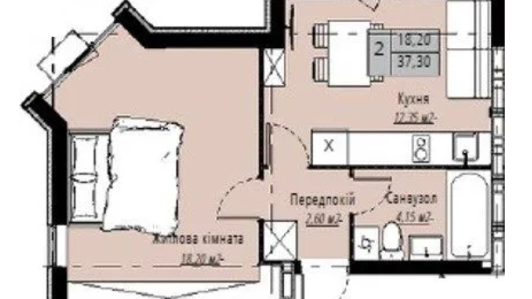 Планировка 1-комнатной квартиры в ЖК Plaza Kvartal 3 37.3 м², фото 793771