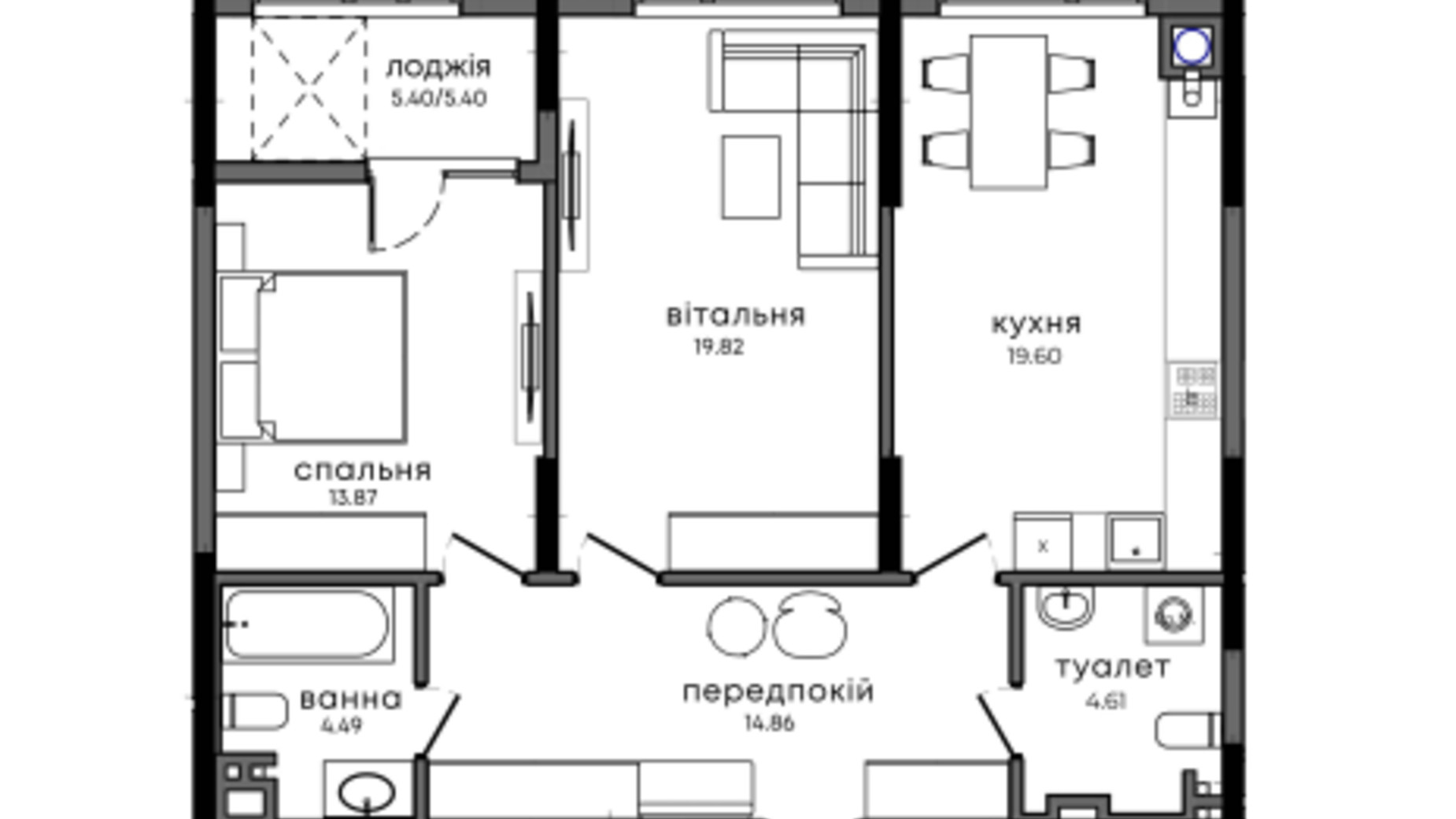 Планування 2-кімнатної квартири в ЖК Chicago Residence 82.65 м², фото 794073