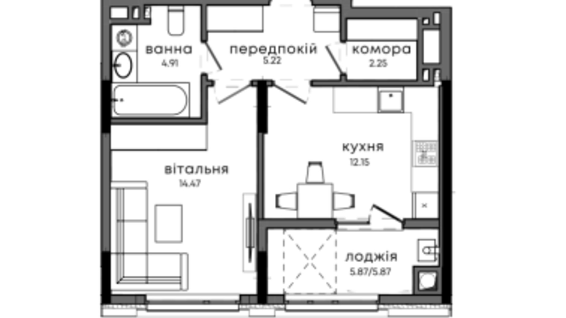 Планування 1-кімнатної квартири в ЖК Chicago Residence 44.87 м², фото 794081