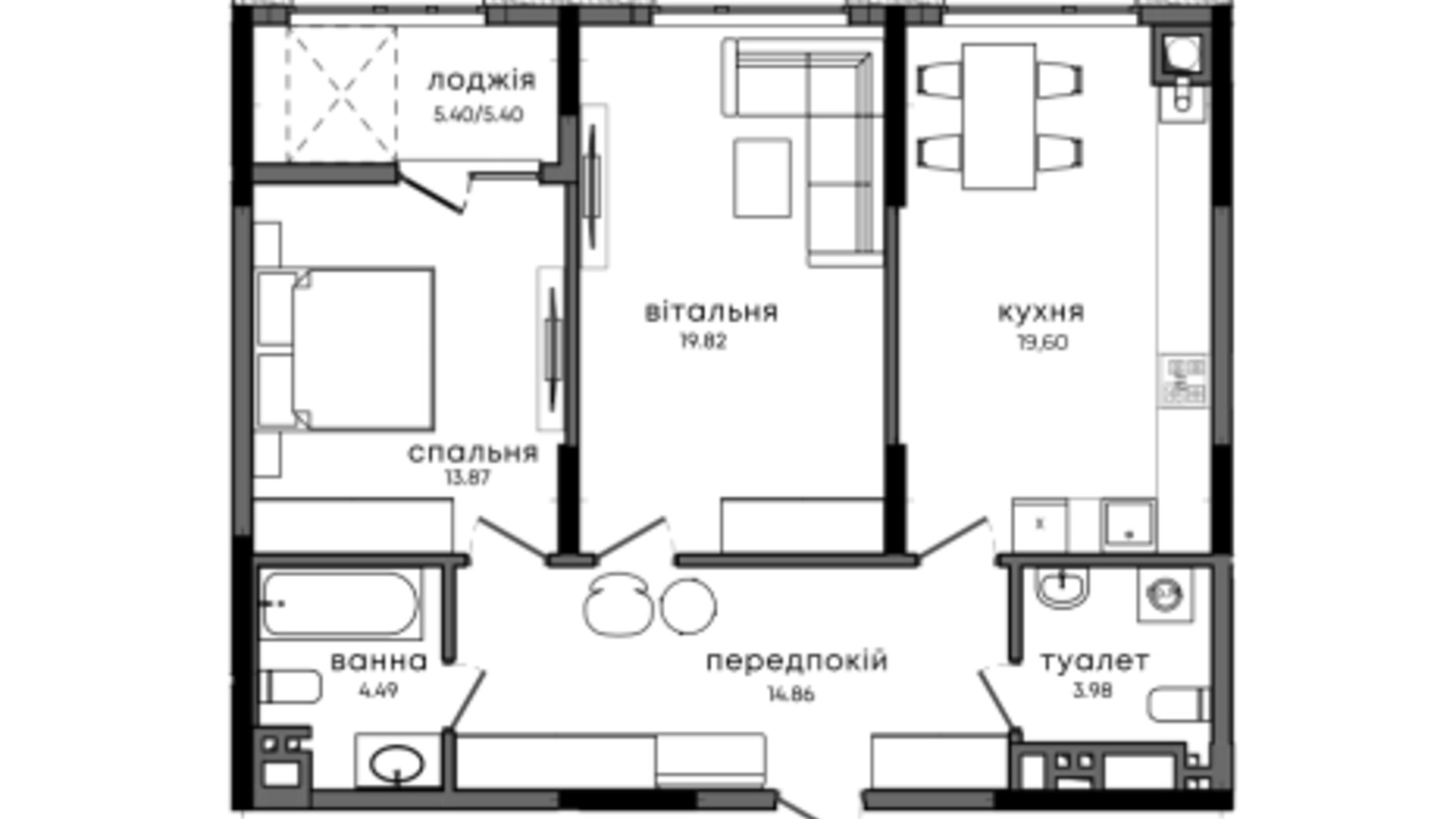 Планировка 2-комнатной квартиры в ЖК Chicago Residence 82.02 м², фото 794086