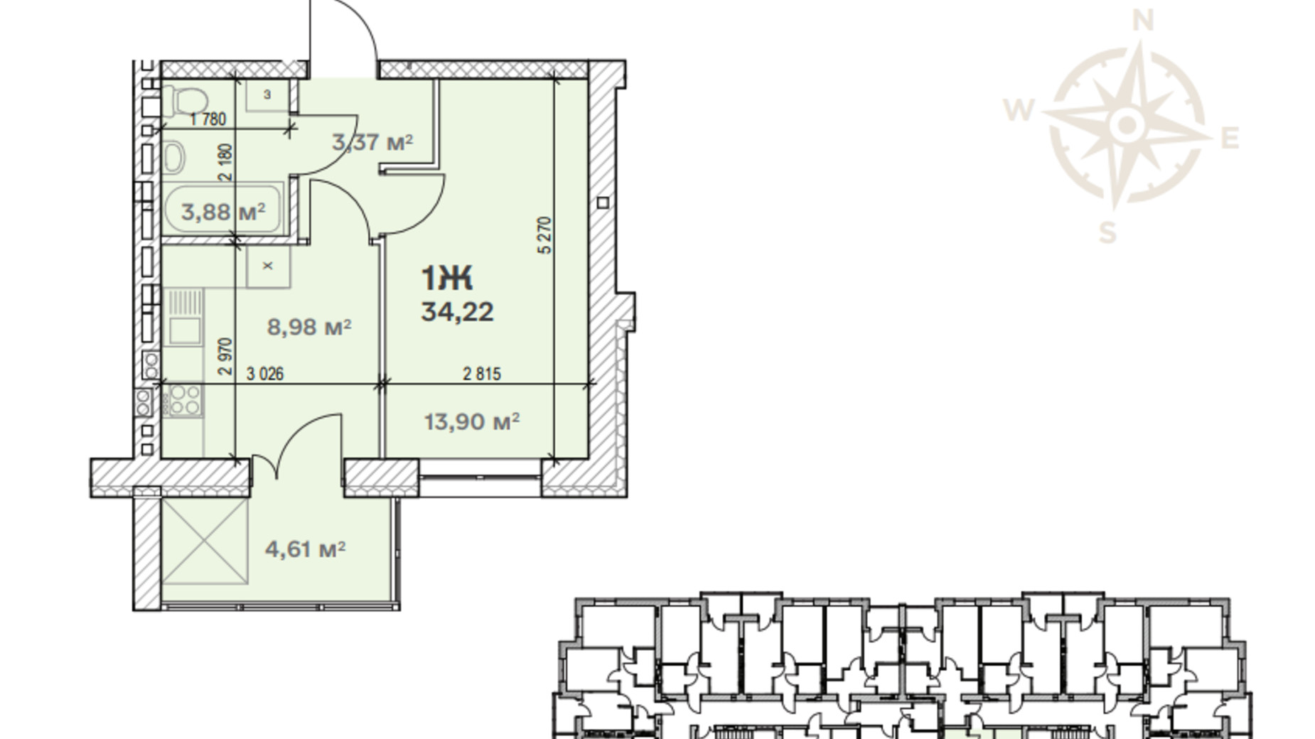 Планировка 1-комнатной квартиры в ЖК Семейный  33.5 м², фото 795581