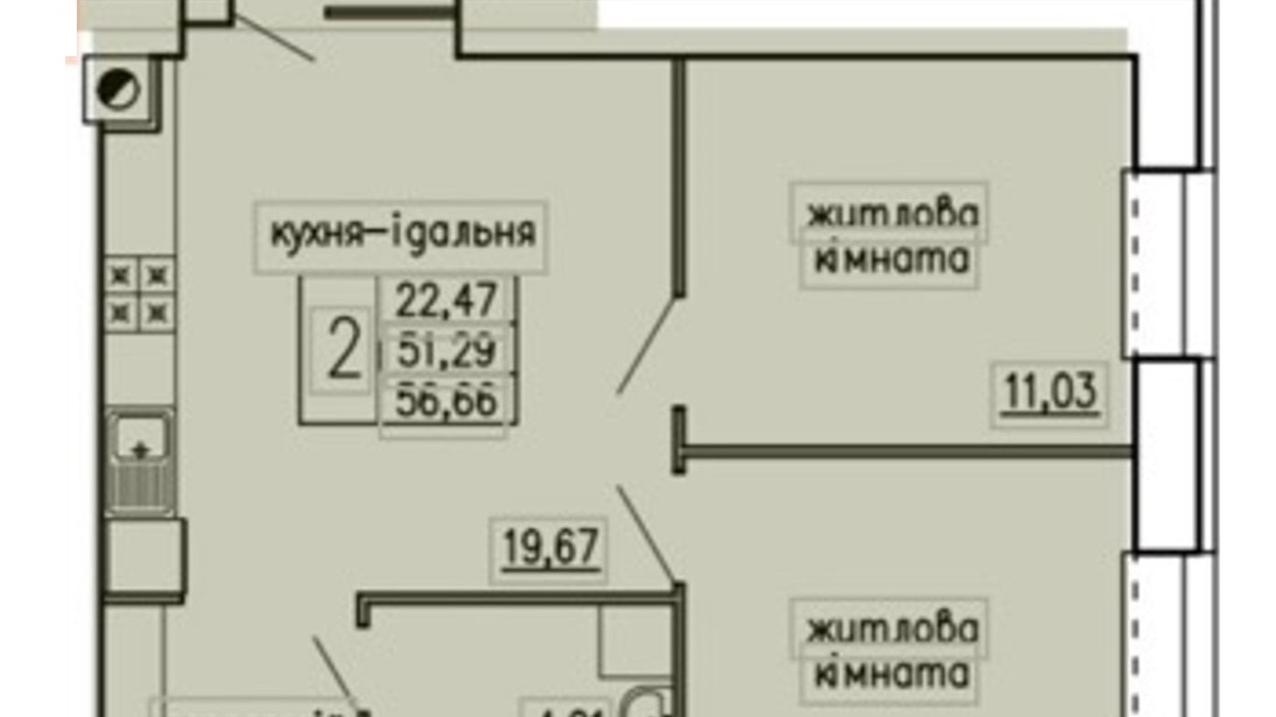 Планировка 2-комнатной квартиры в ЖК Київський 56.66 м², фото 795871