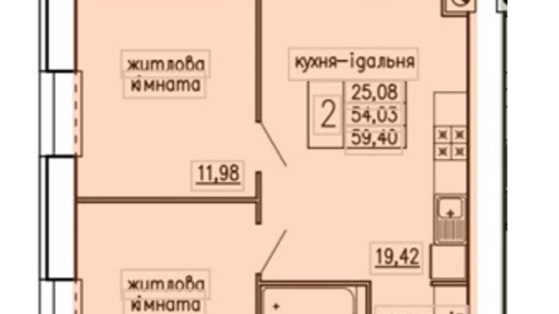 Планування 2-кімнатної квартири в ЖК Київський 59.4 м², фото 795881