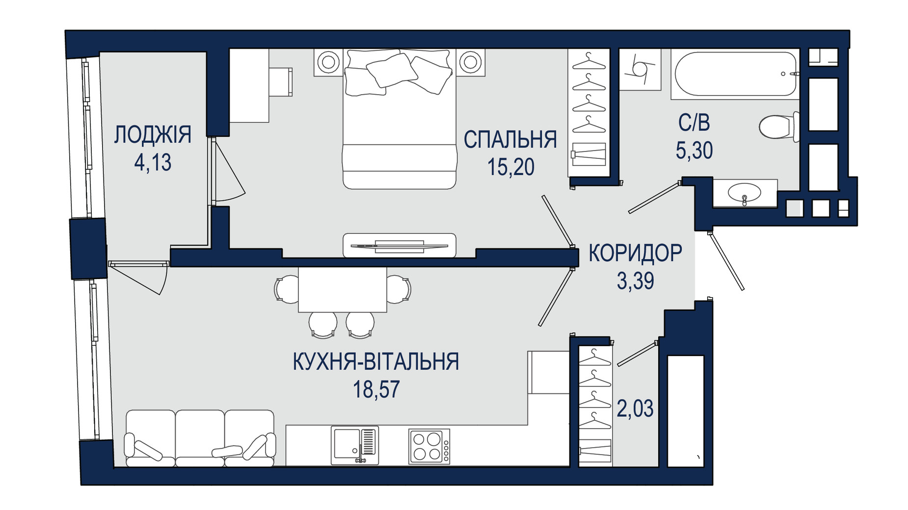 Планування 1-кімнатної квартири в ЖК Helga 48.34 м², фото 796312