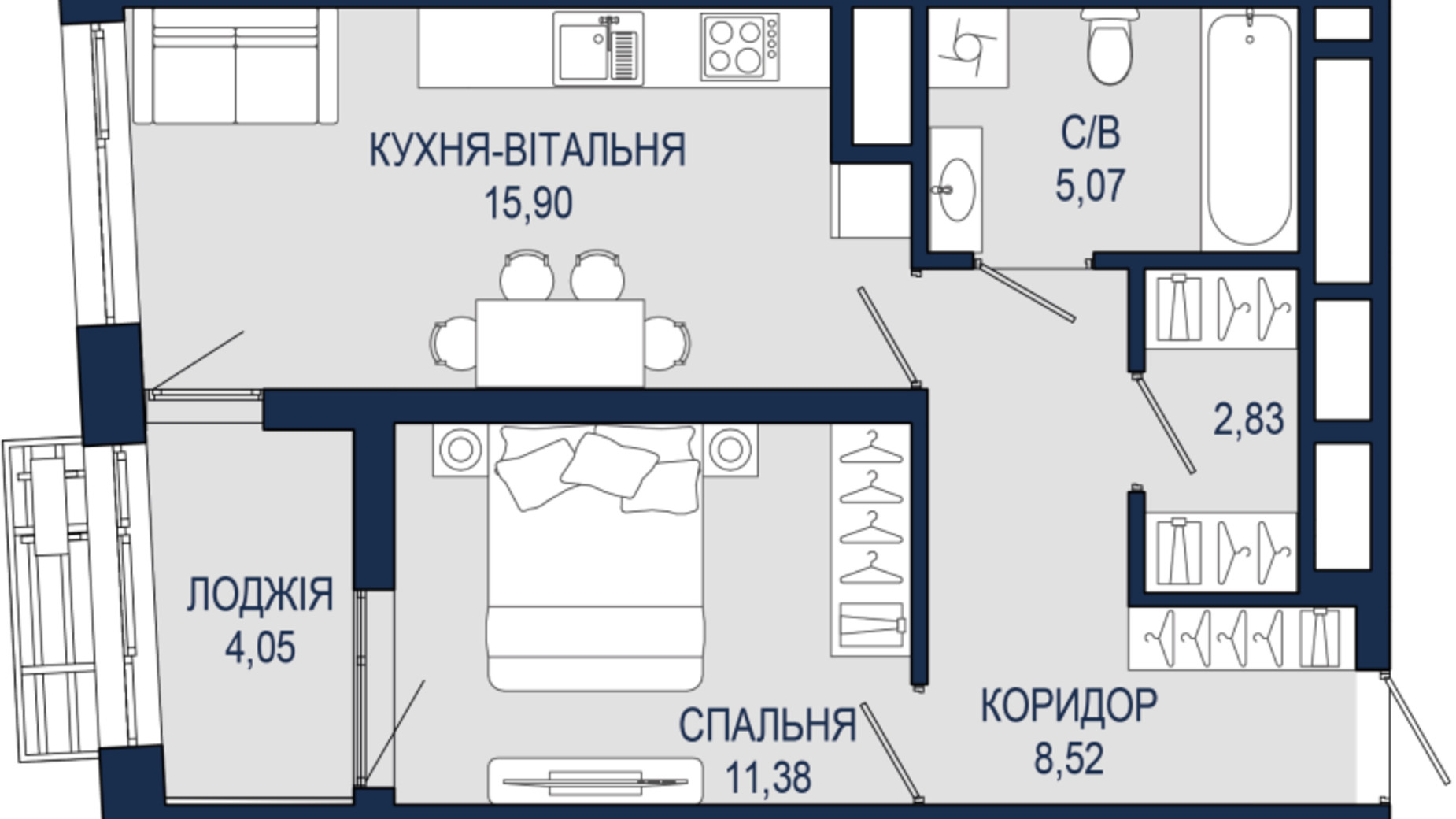 Планування 1-кімнатної квартири в ЖК Helga 47.75 м², фото 796325