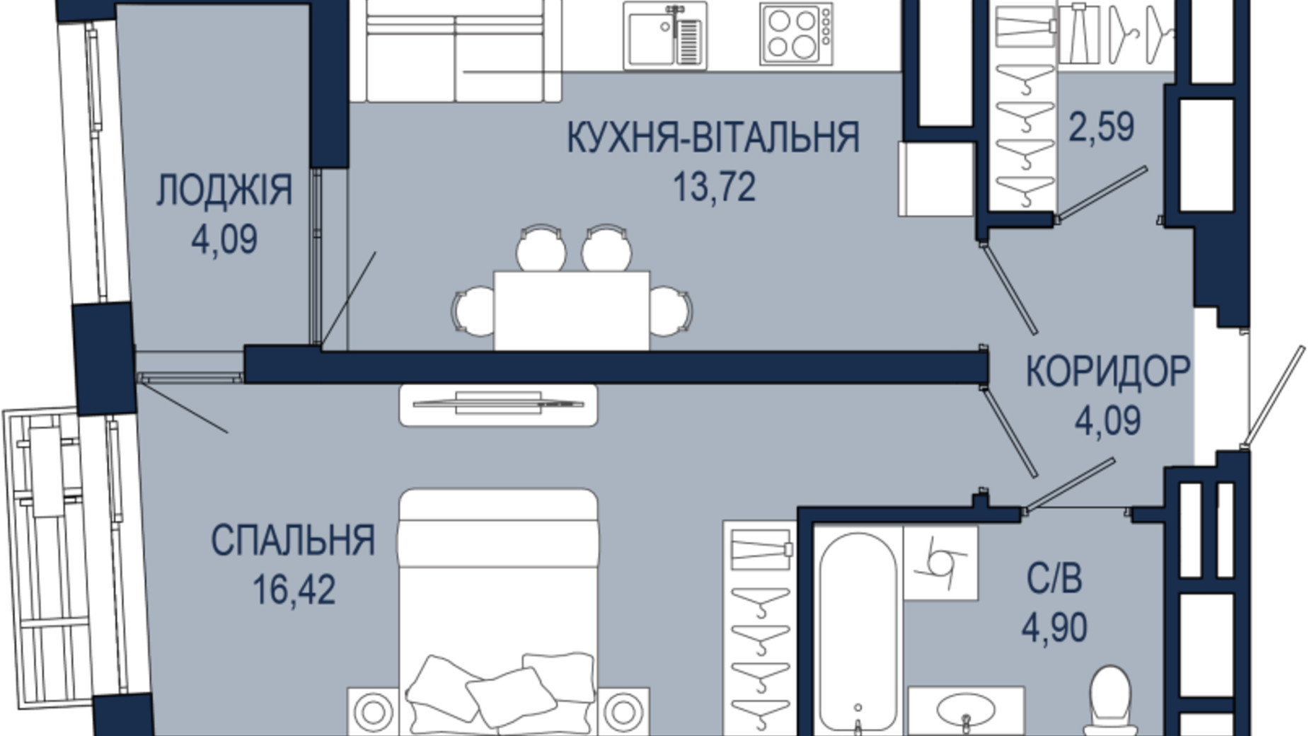 Планировка 1-комнатной квартиры в ЖК Helga 45.81 м², фото 796327