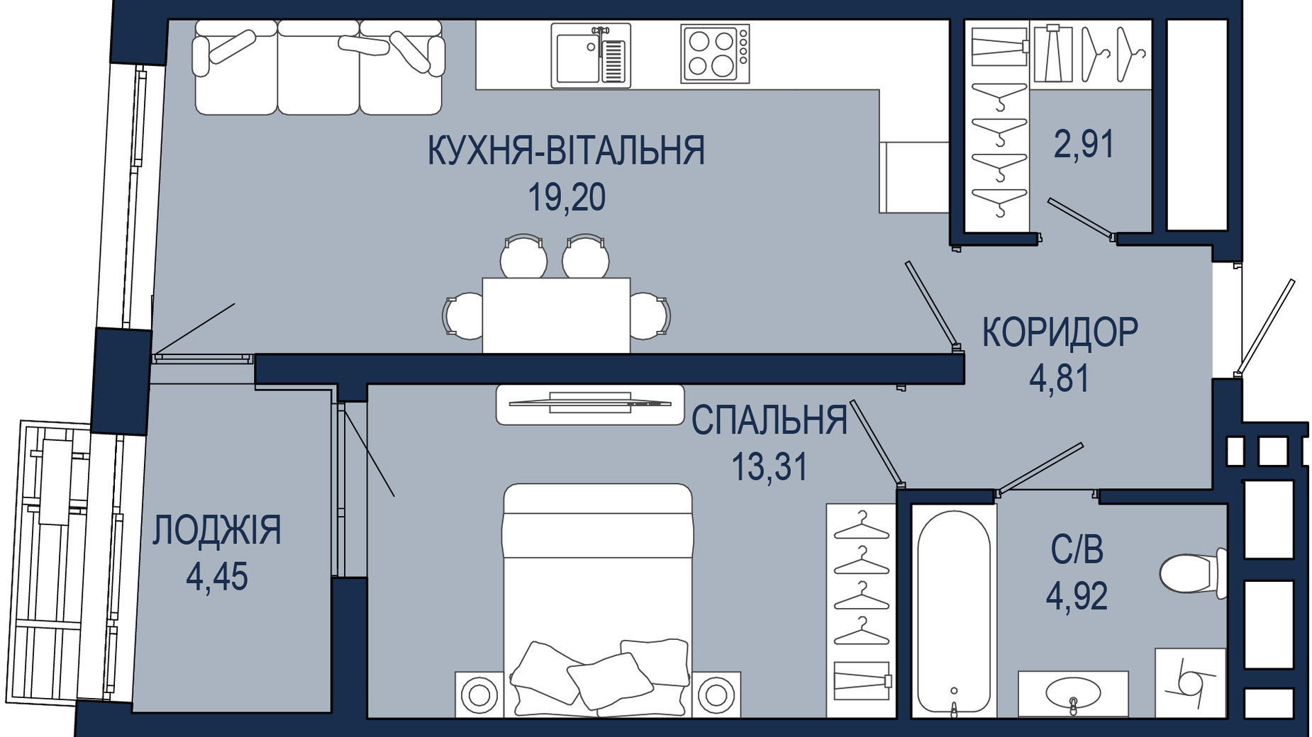 Планування 1-кімнатної квартири в ЖК Helga 49.6 м², фото 796335