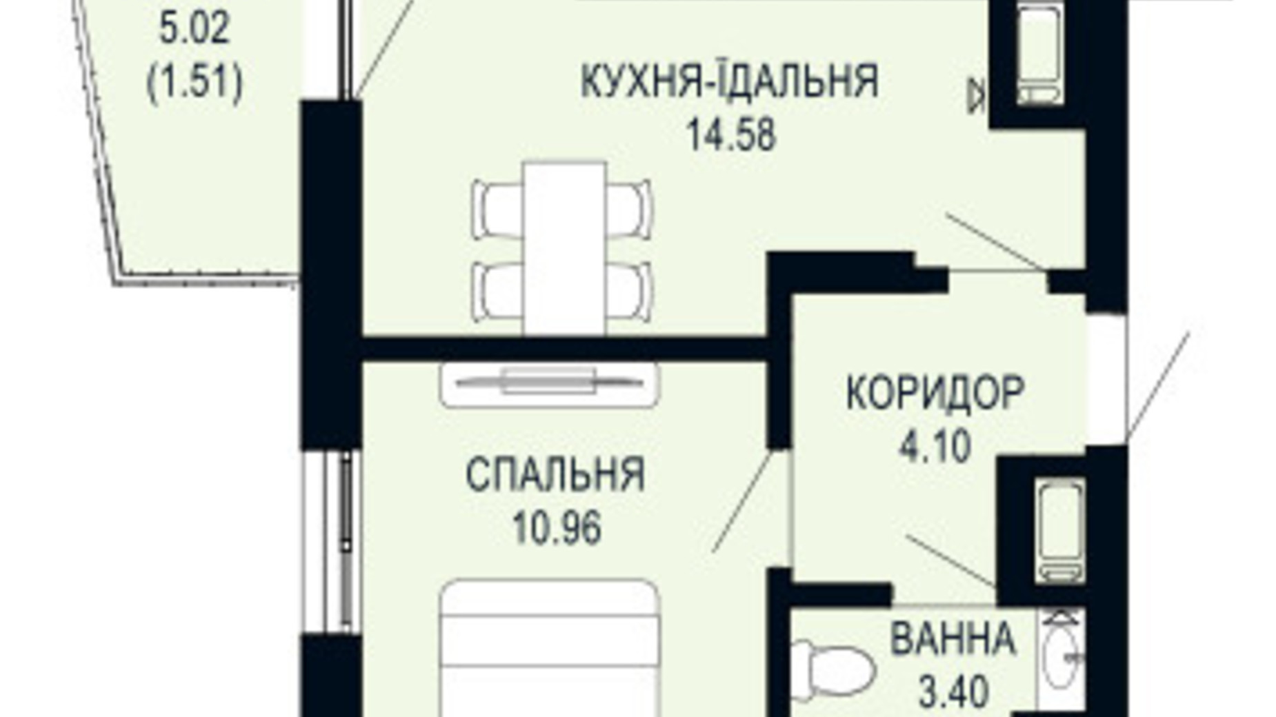 Планування 1-кімнатної квартири в ЖК Viking Hills 34.55 м², фото 796348