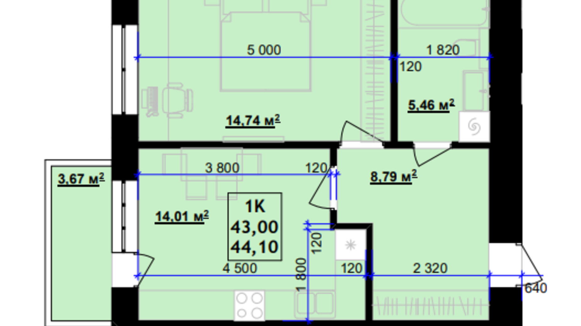 Планировка 1-комнатной квартиры в ЖК Урожайный 44 м², фото 797263