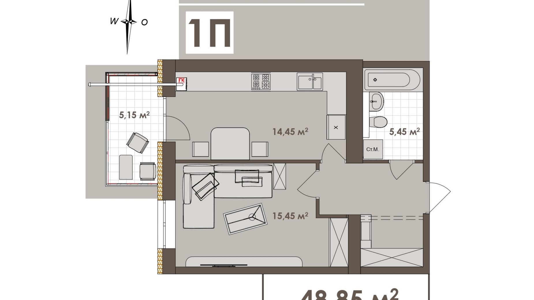 Планування 1-кімнатної квартири в ЖК Зоря 2 48.85 м², фото 797995