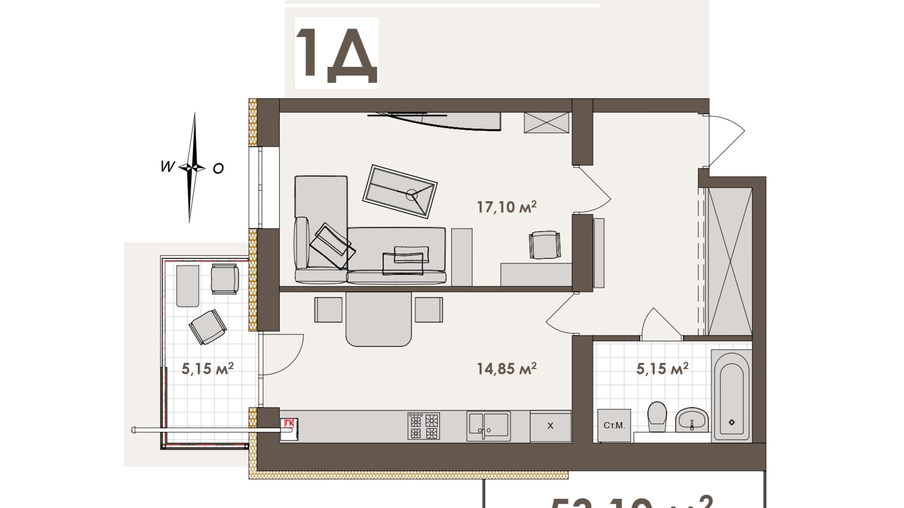 Планування 1-кімнатної квартири в ЖК Зоря 2 53.1 м², фото 798018