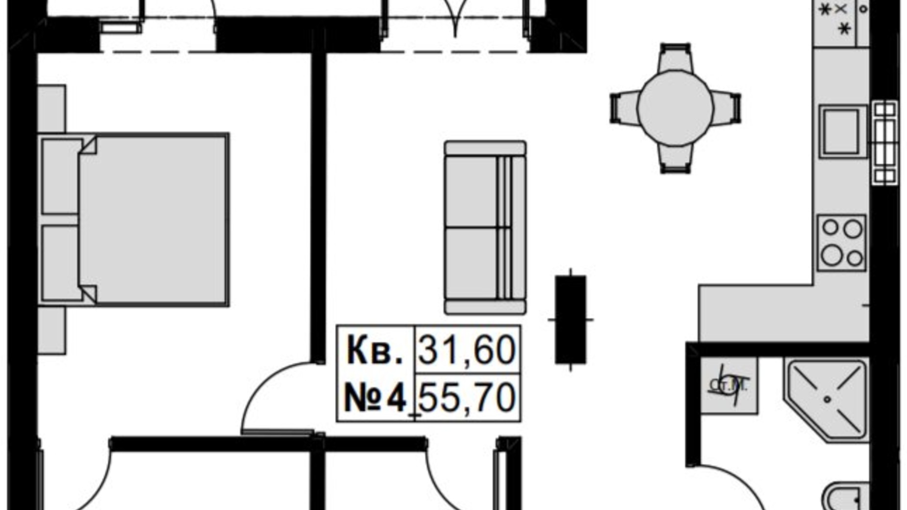 Планировка 2-комнатной квартиры в ЖК Green Park 55.7 м², фото 799278