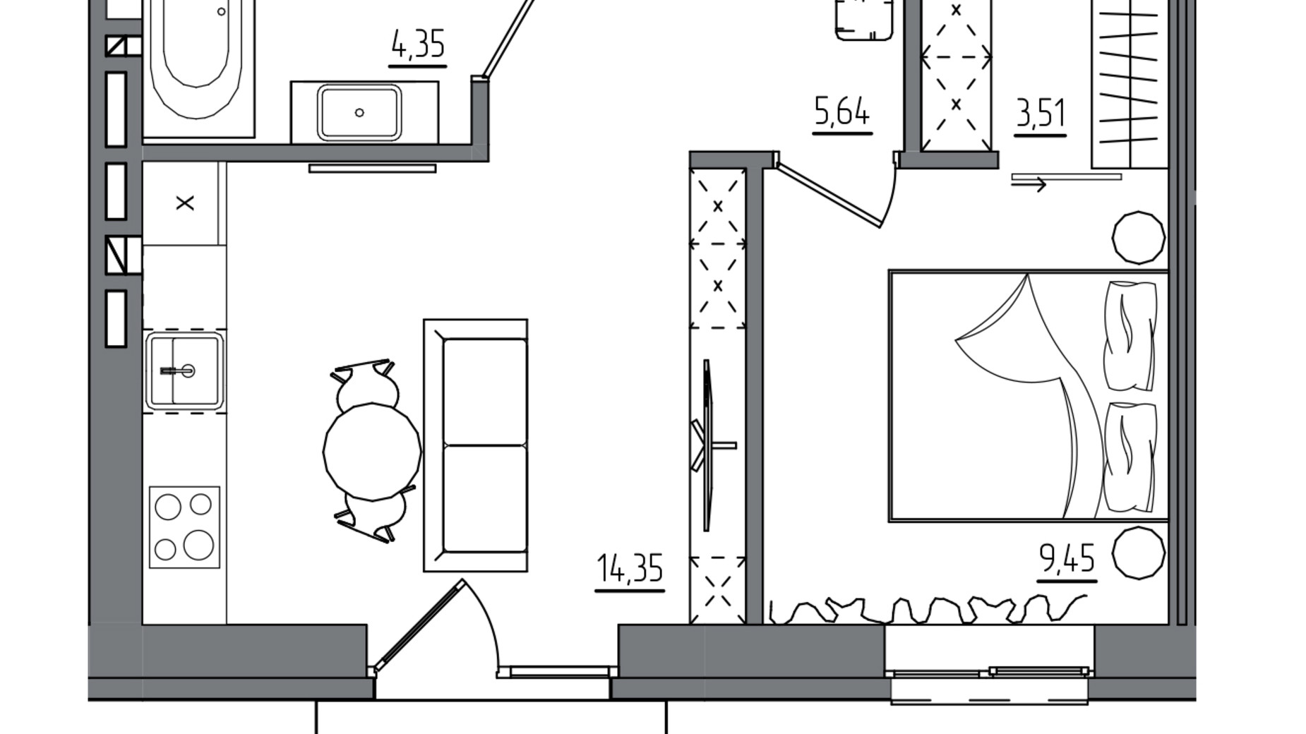 Планування 1-кімнатної квартири в ЖК Субурбія Дуо 38.68 м², фото 800247