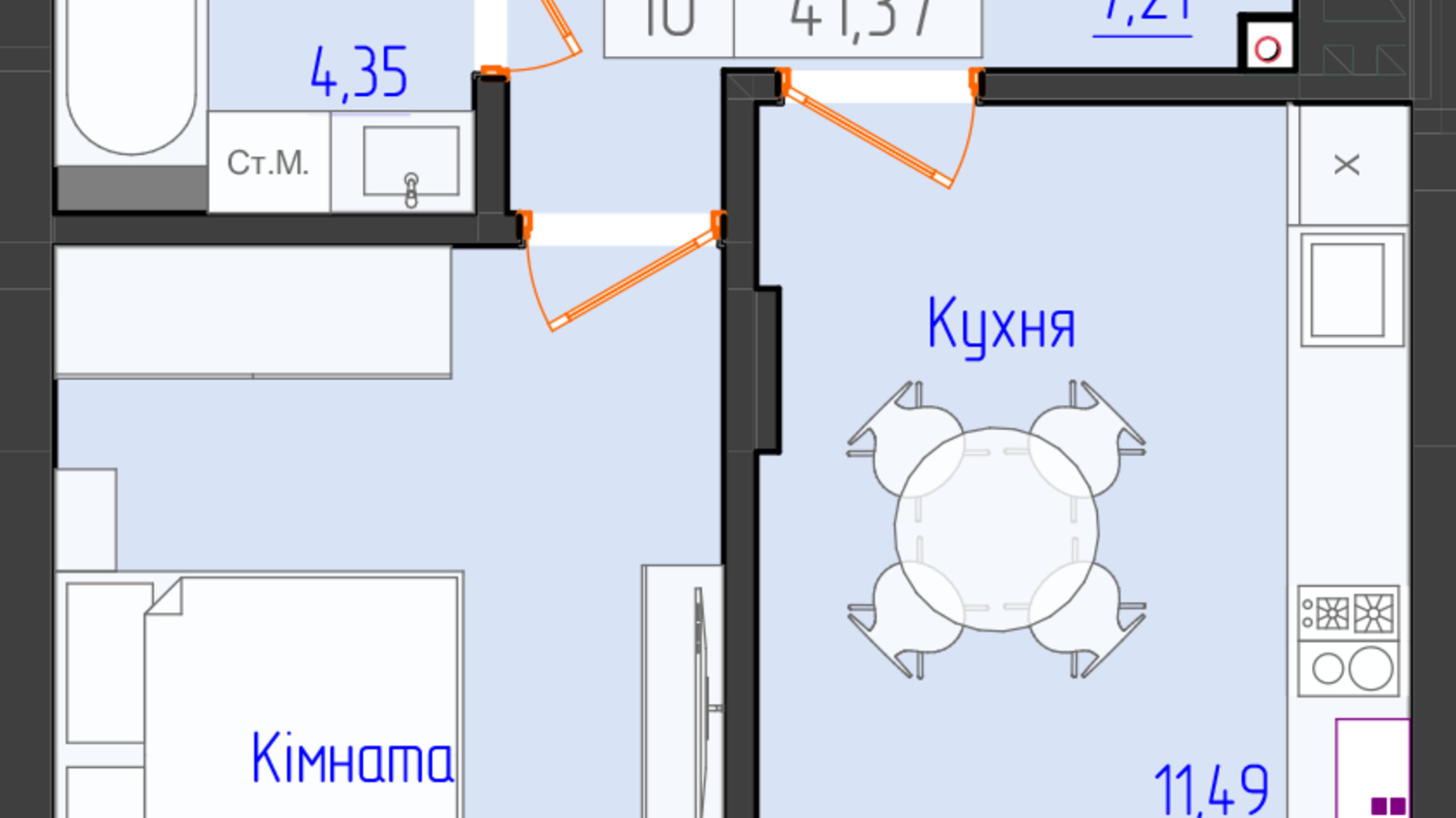 Планування 1-кімнатної квартири в ЖК Онікс 41.37 м², фото 803709