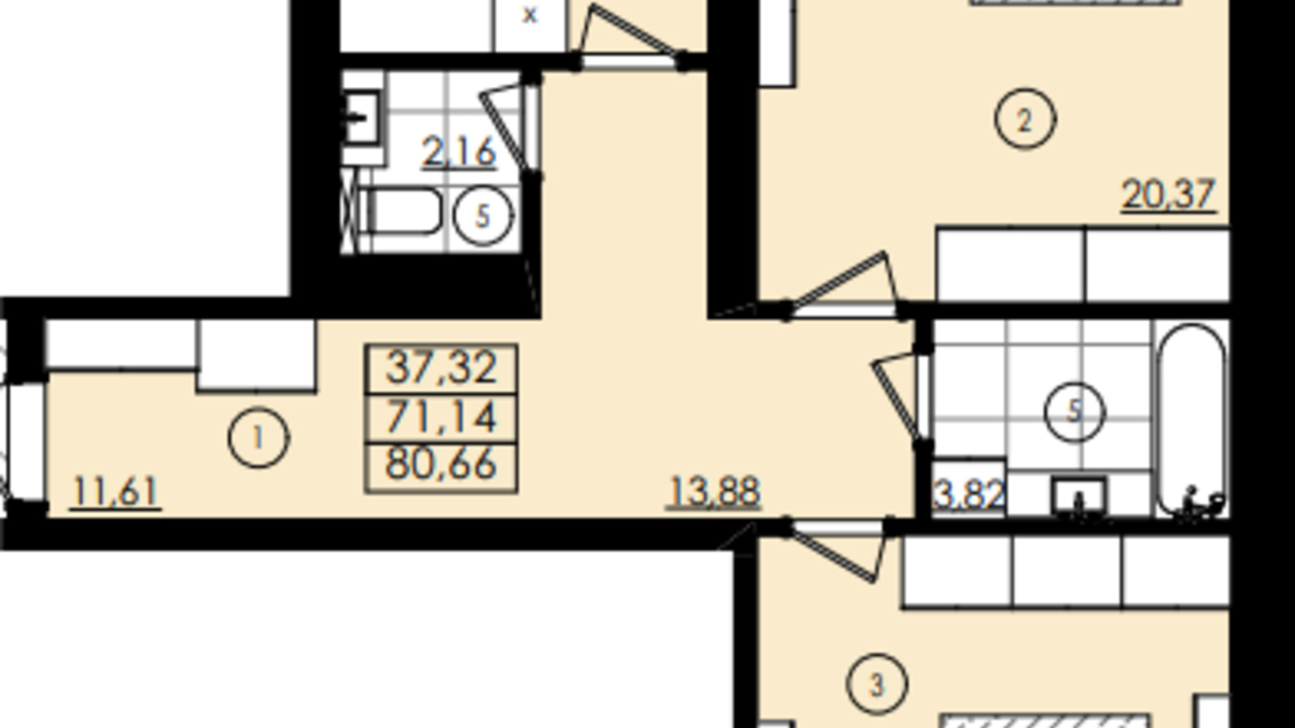 Планировка 3-комнатной квартиры в ЖК Вишневый 80.66 м², фото 803891